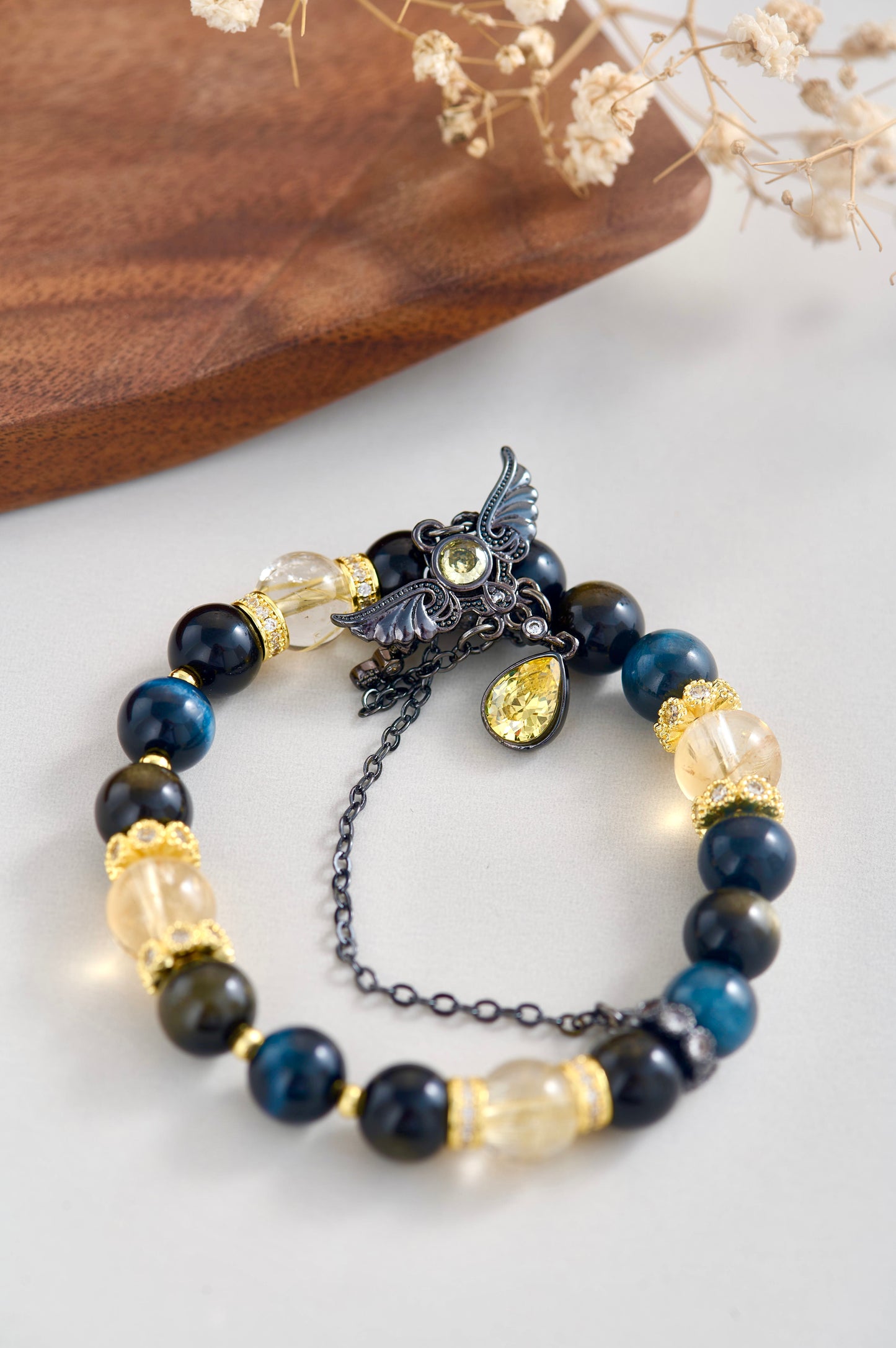 Midnight Glow Crystal Bracelet – Citrine & Blue Tiger Eye Wealth Protection Charm