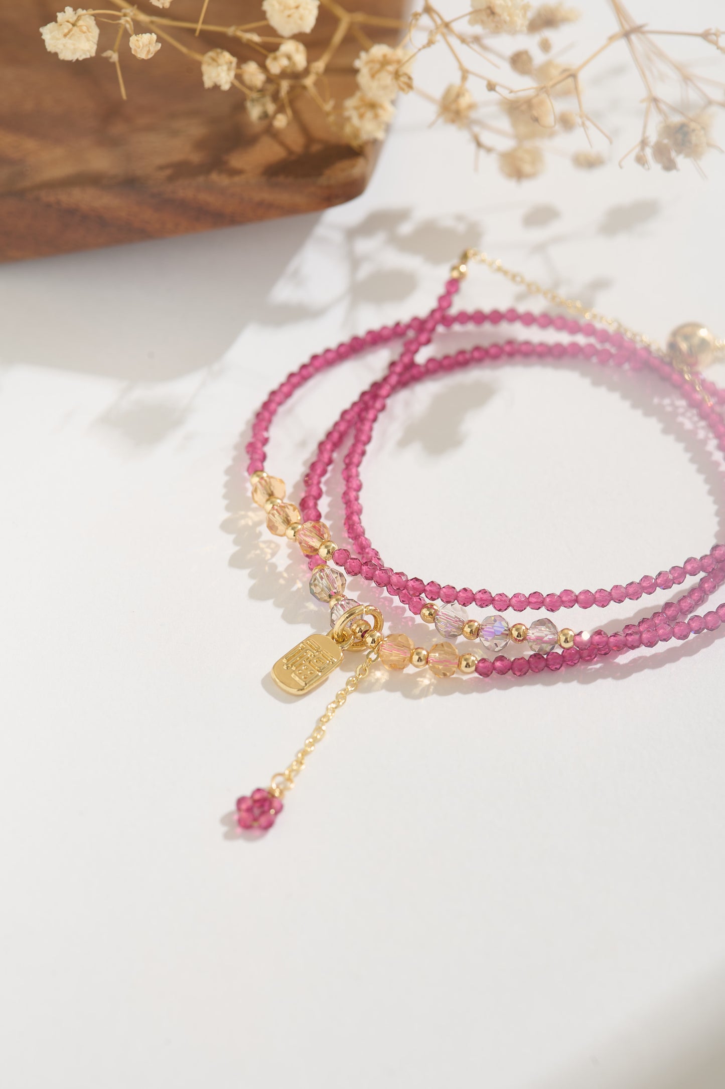 Pink Spinel Gemstone Bracelet, Lucky Charm Fu Symbol, 14K Gold Adjustable Double Layer Bracelet, Gift for Her
