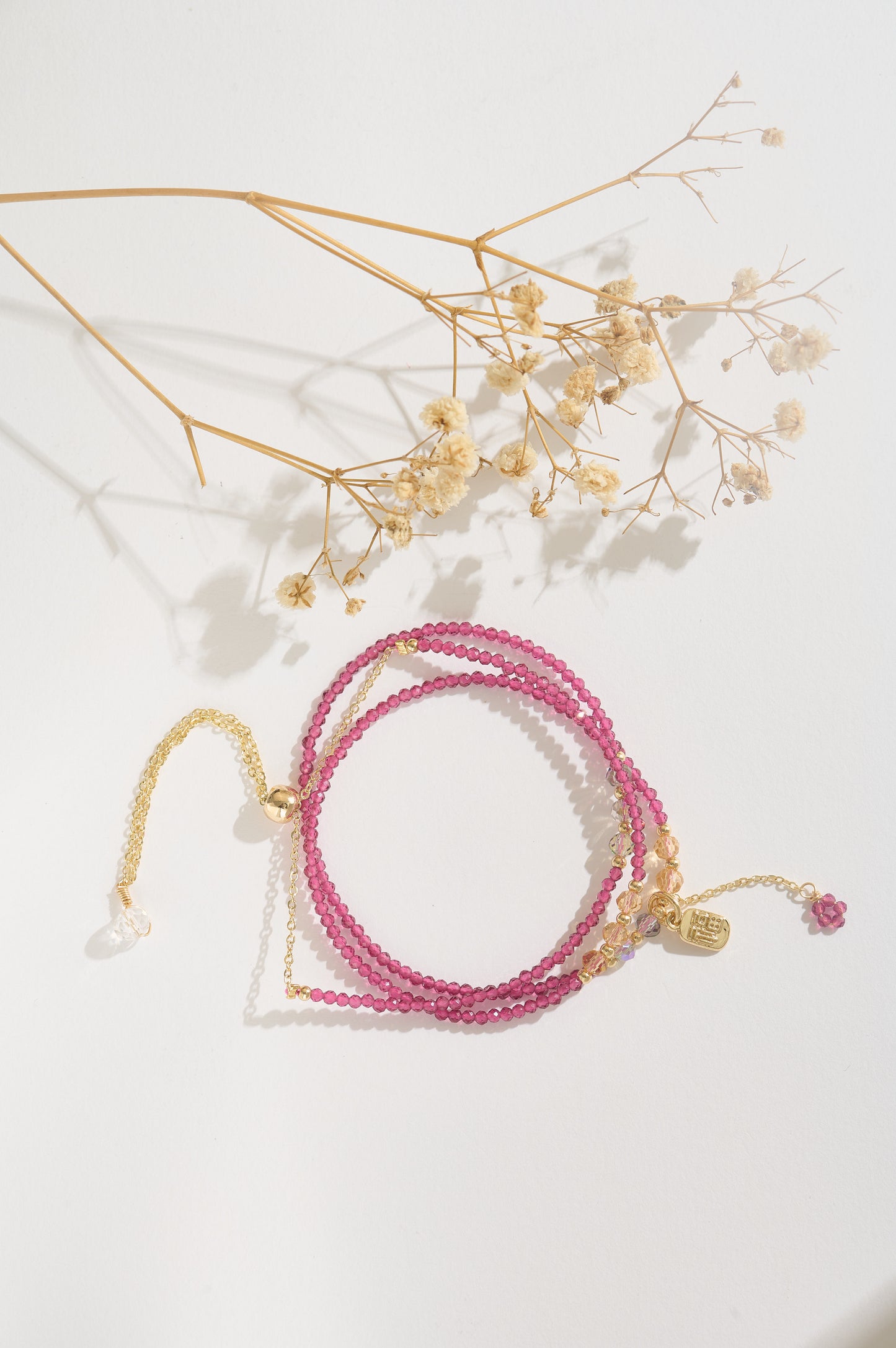 Pink Spinel Gemstone Bracelet, Lucky Charm Fu Symbol, 14K Gold Adjustable Double Layer Bracelet, Gift for Her