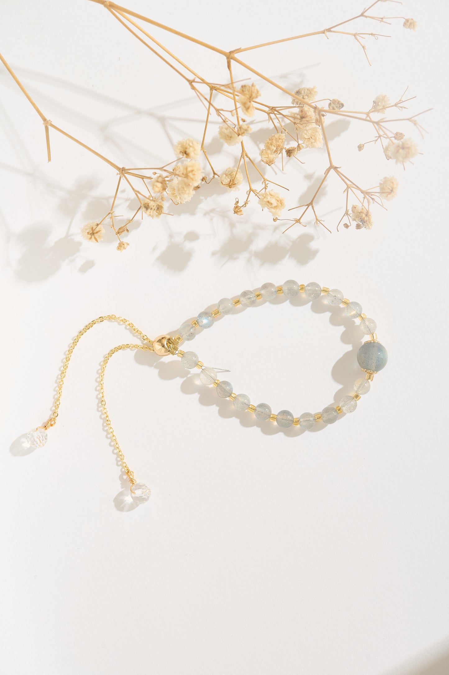 Handmade Labradorite & Moonstone Bracelet, Adjustable 14K Gold-filled Gemstone Bracelet, Minimalist Crystal Jewelry, Gift for Her