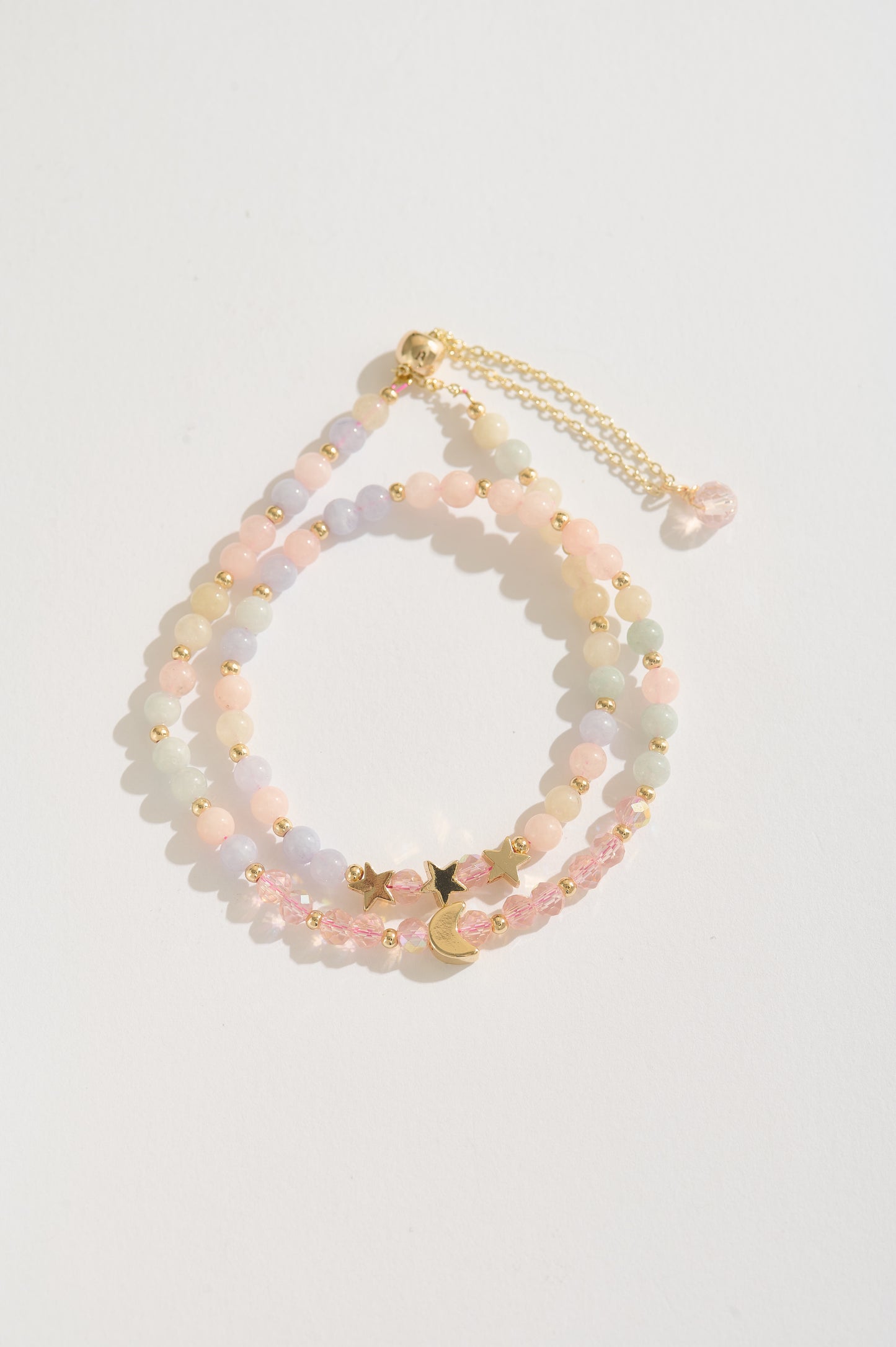 Handmade Morganite & Chalcedony Bracelet, Pastel Gemstone Moon and Stars Bracelet, 14K Gold-filled Adjustable Jewelry, Gift for Her