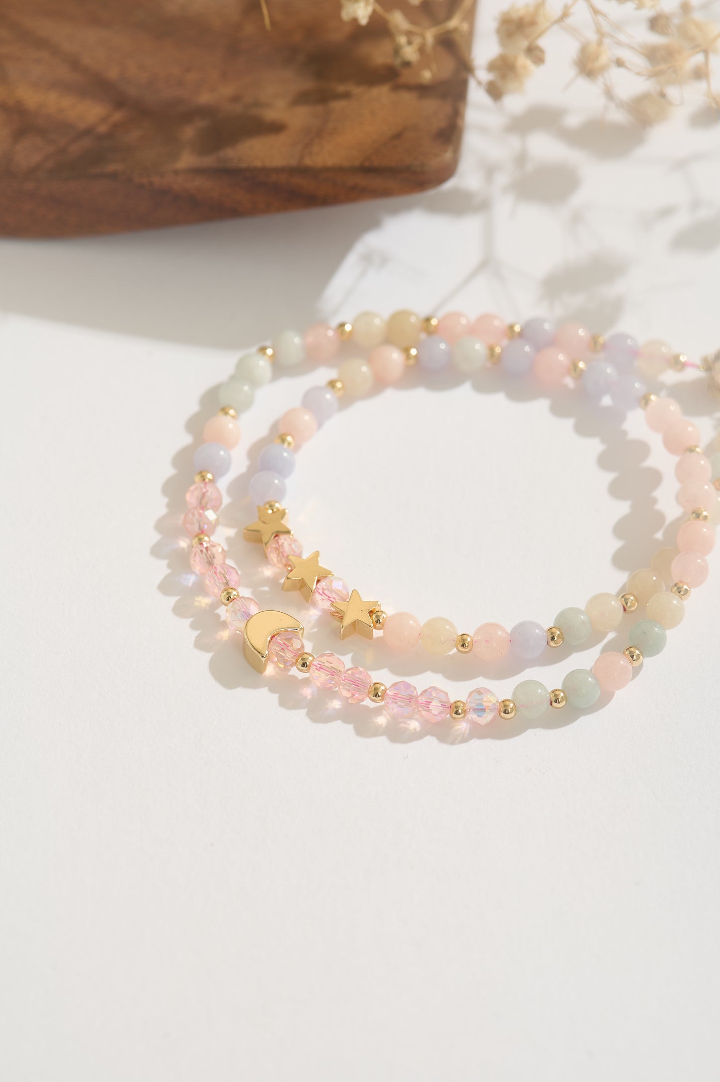 Handmade Morganite & Chalcedony Bracelet, Pastel Gemstone Moon and Stars Bracelet, 14K Gold-filled Adjustable Jewelry, Gift for Her