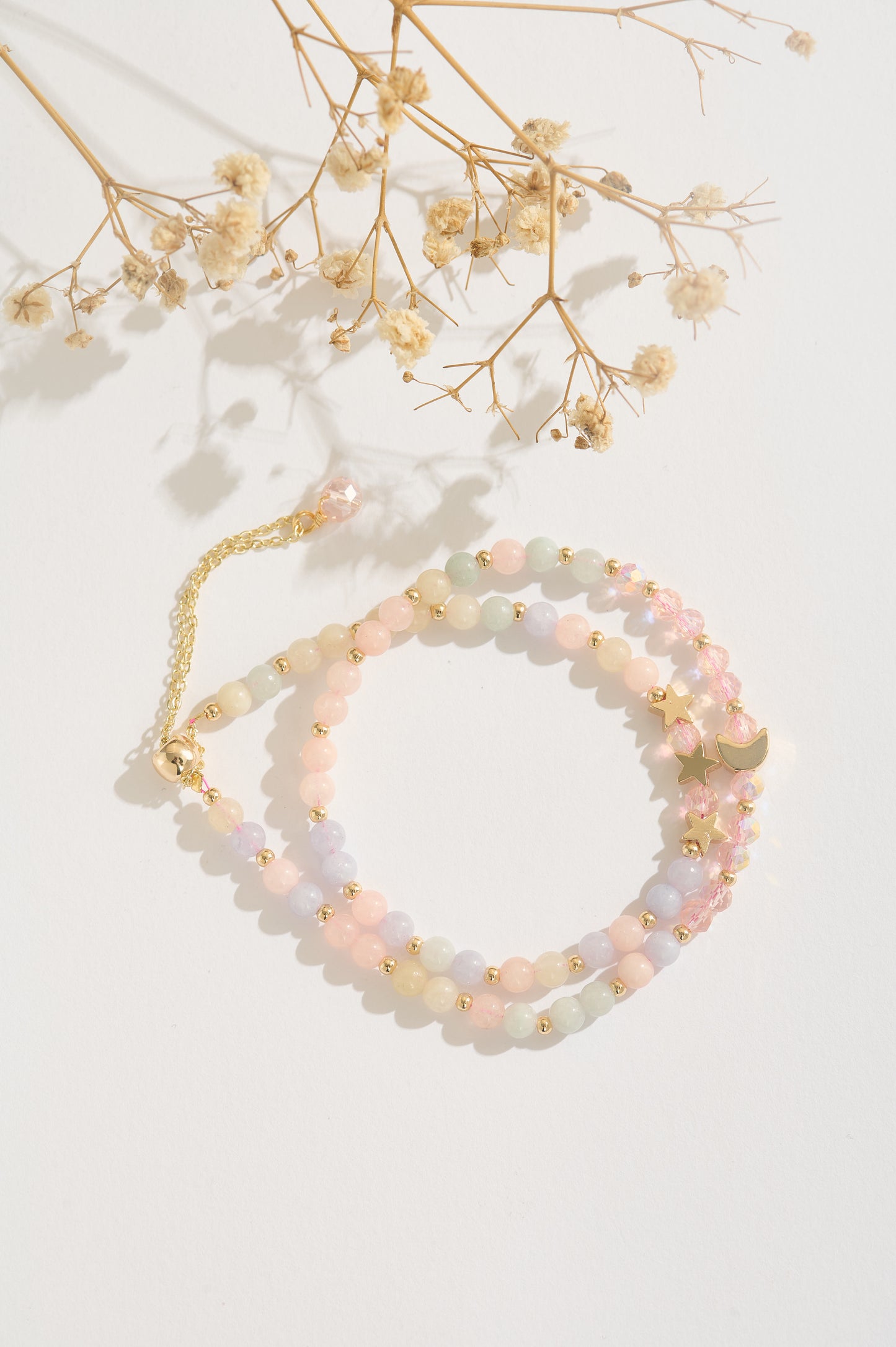 Handmade Morganite & Chalcedony Bracelet, Pastel Gemstone Moon and Stars Bracelet, 14K Gold-filled Adjustable Jewelry, Gift for Her