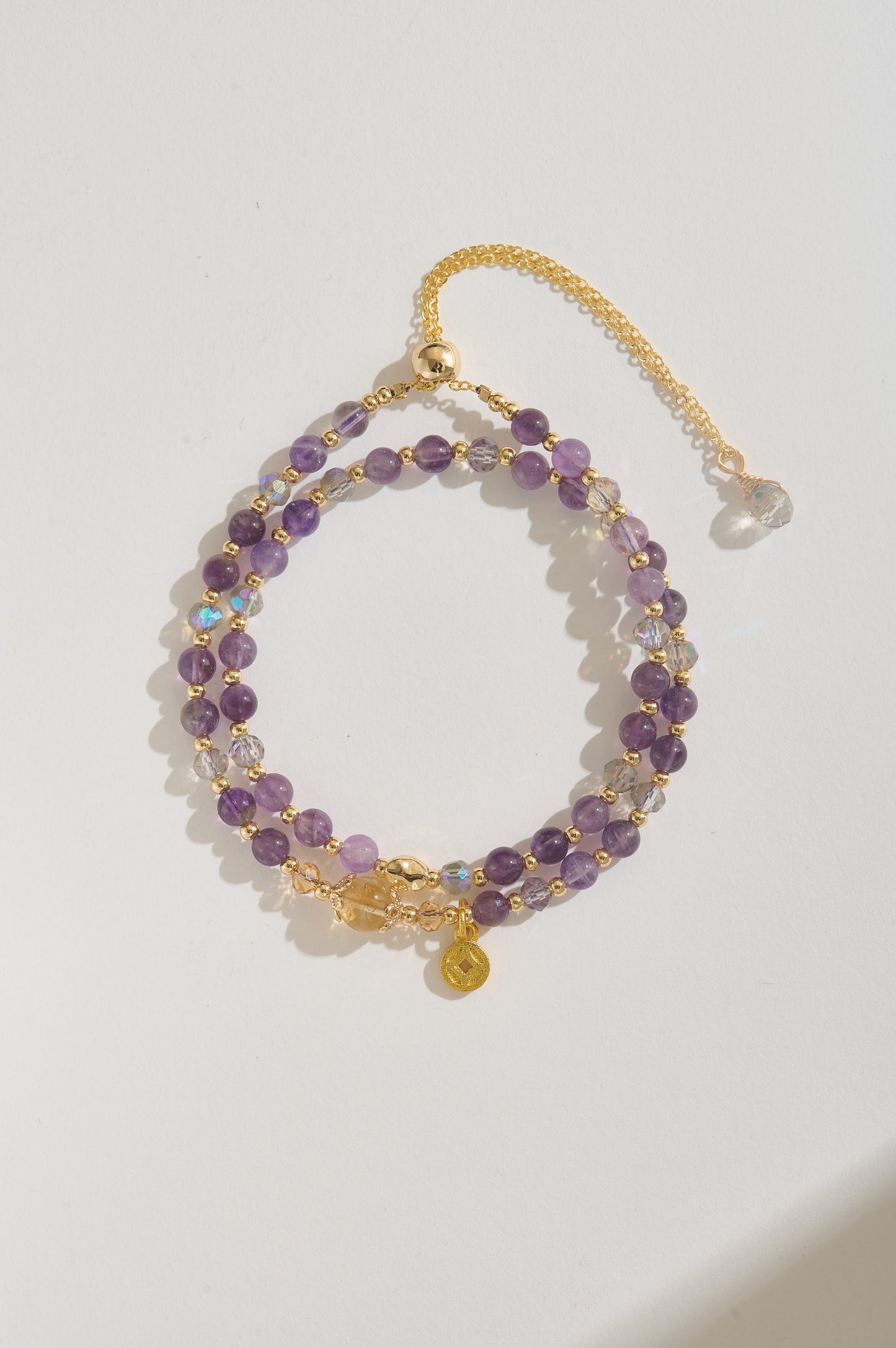 Handmade Amethyst & Citrine Bracelet, Adjustable Double-layer Crystal Bracelet, 14K Gold-filled Prosperity Charm Jewelry, Gift for Her