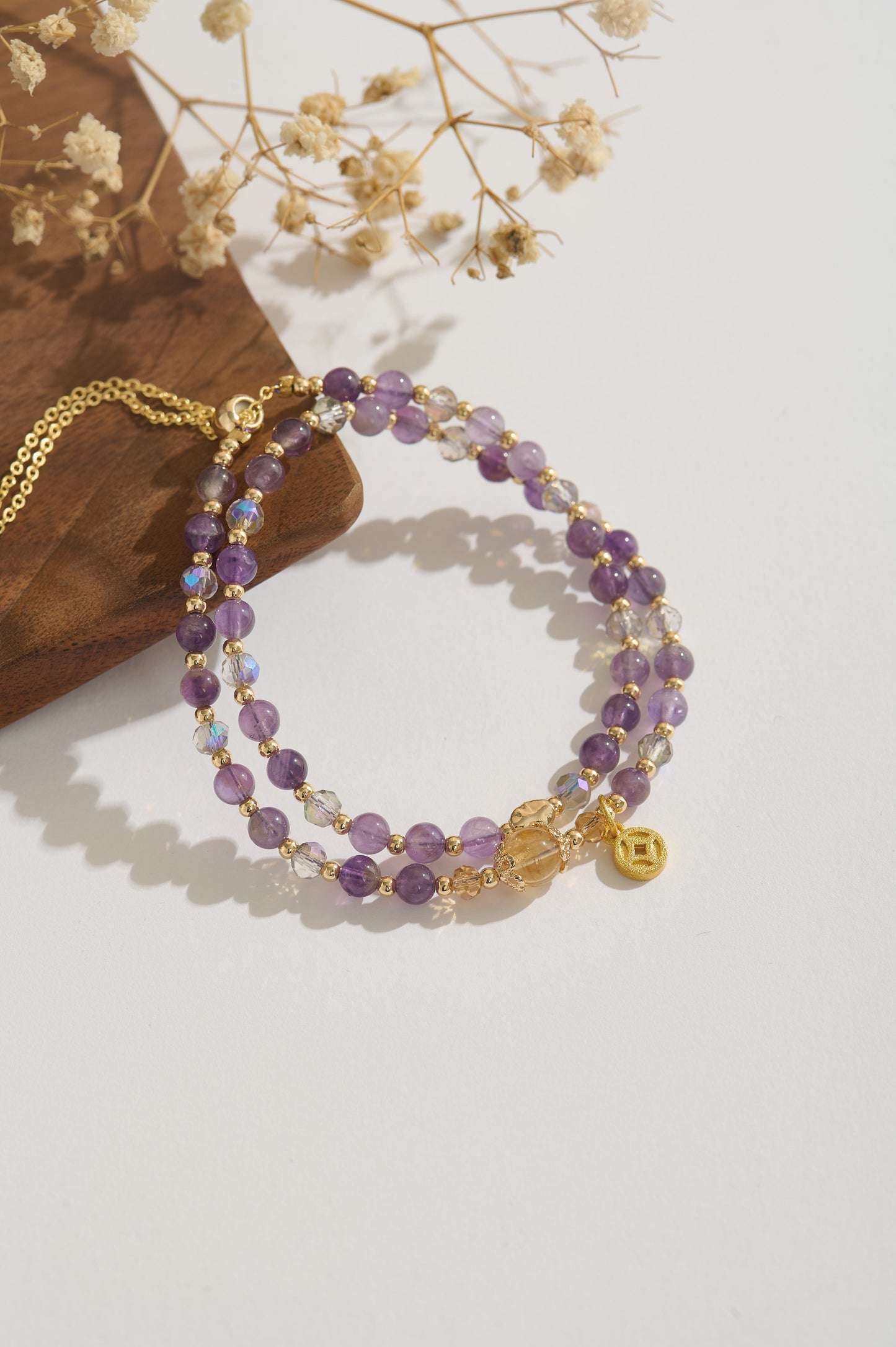 Handmade Amethyst & Citrine Bracelet, Adjustable Double-layer Crystal Bracelet, 14K Gold-filled Prosperity Charm Jewelry, Gift for Her