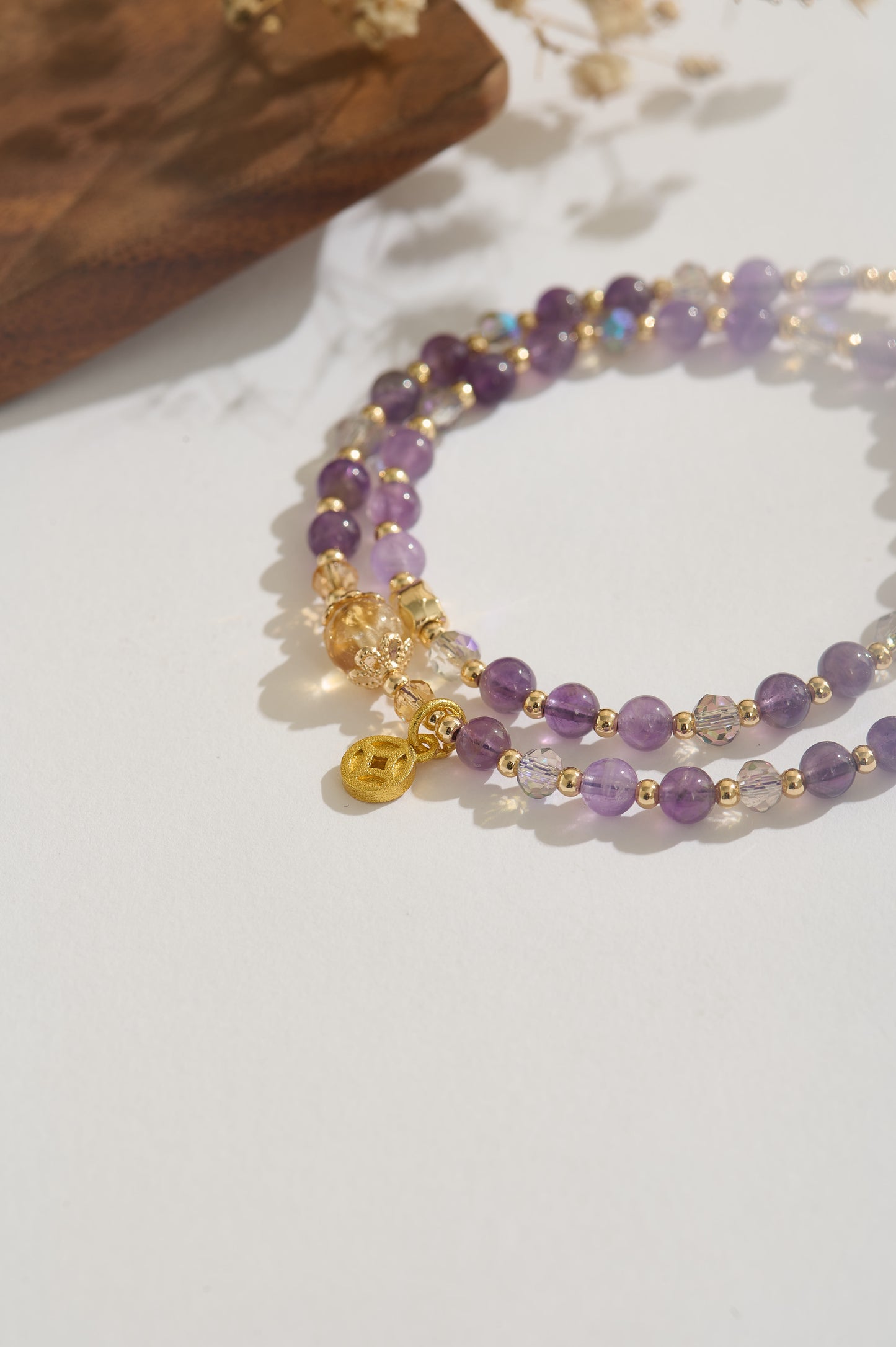 Handmade Amethyst & Citrine Bracelet, Adjustable Double-layer Crystal Bracelet, 14K Gold-filled Prosperity Charm Jewelry, Gift for Her