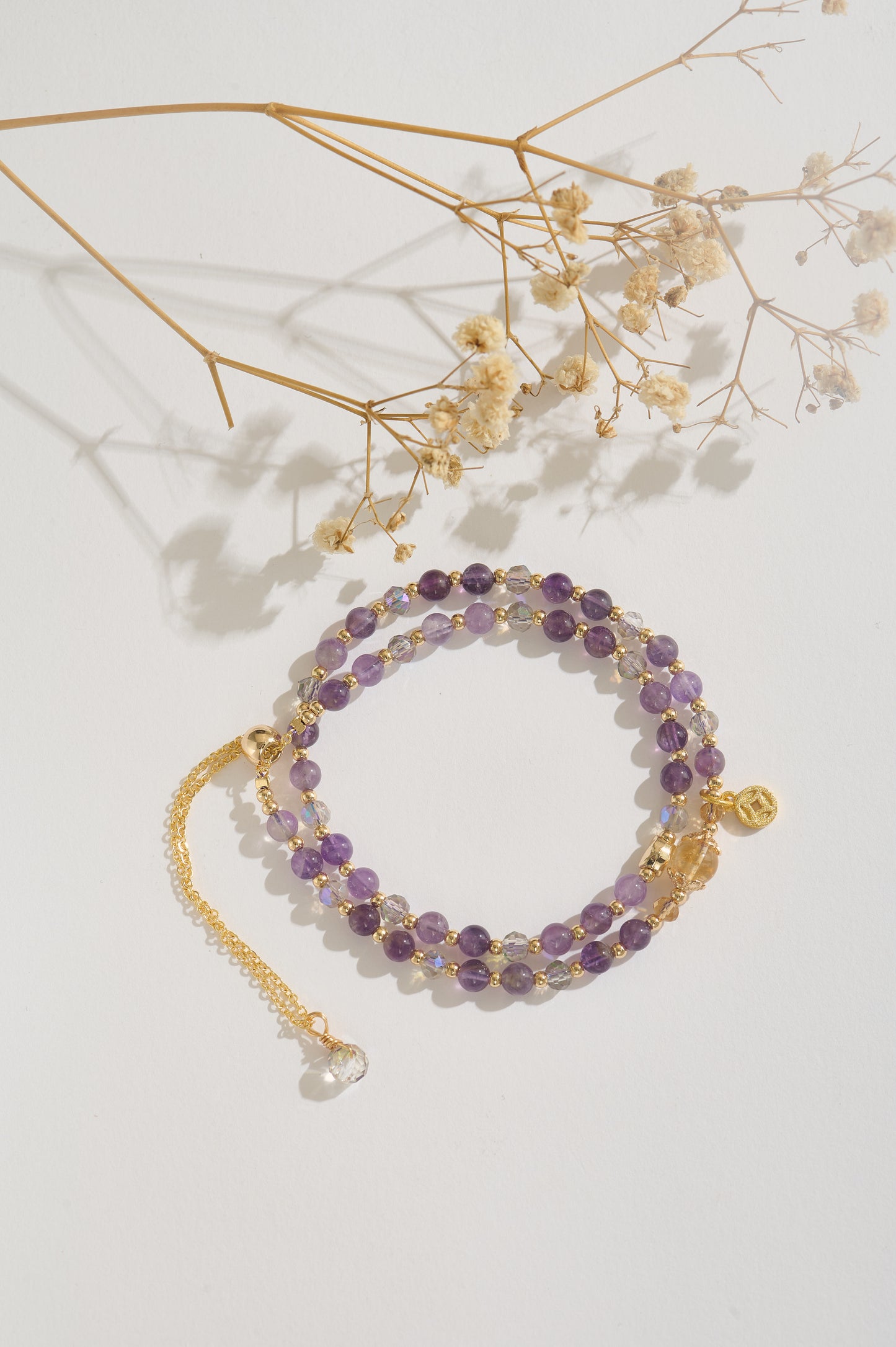 Handmade Amethyst & Citrine Bracelet, Adjustable Double-layer Crystal Bracelet, 14K Gold-filled Prosperity Charm Jewelry, Gift for Her