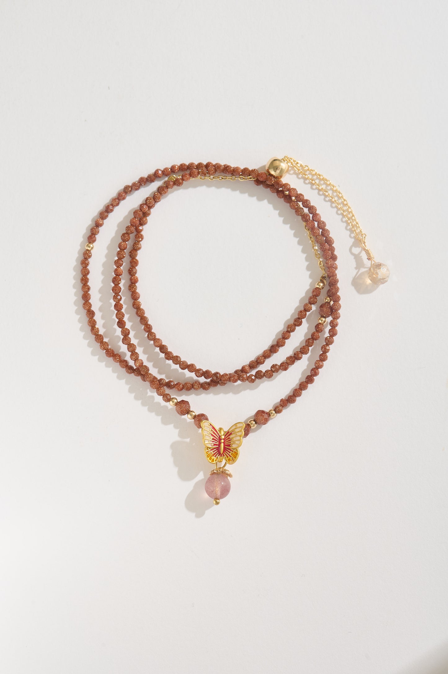 Handmade Shiny Goldstone & Strawberry Quartz Bracelet with Butterfly Charm, 14K Gold-filled Adjustable Jewelry