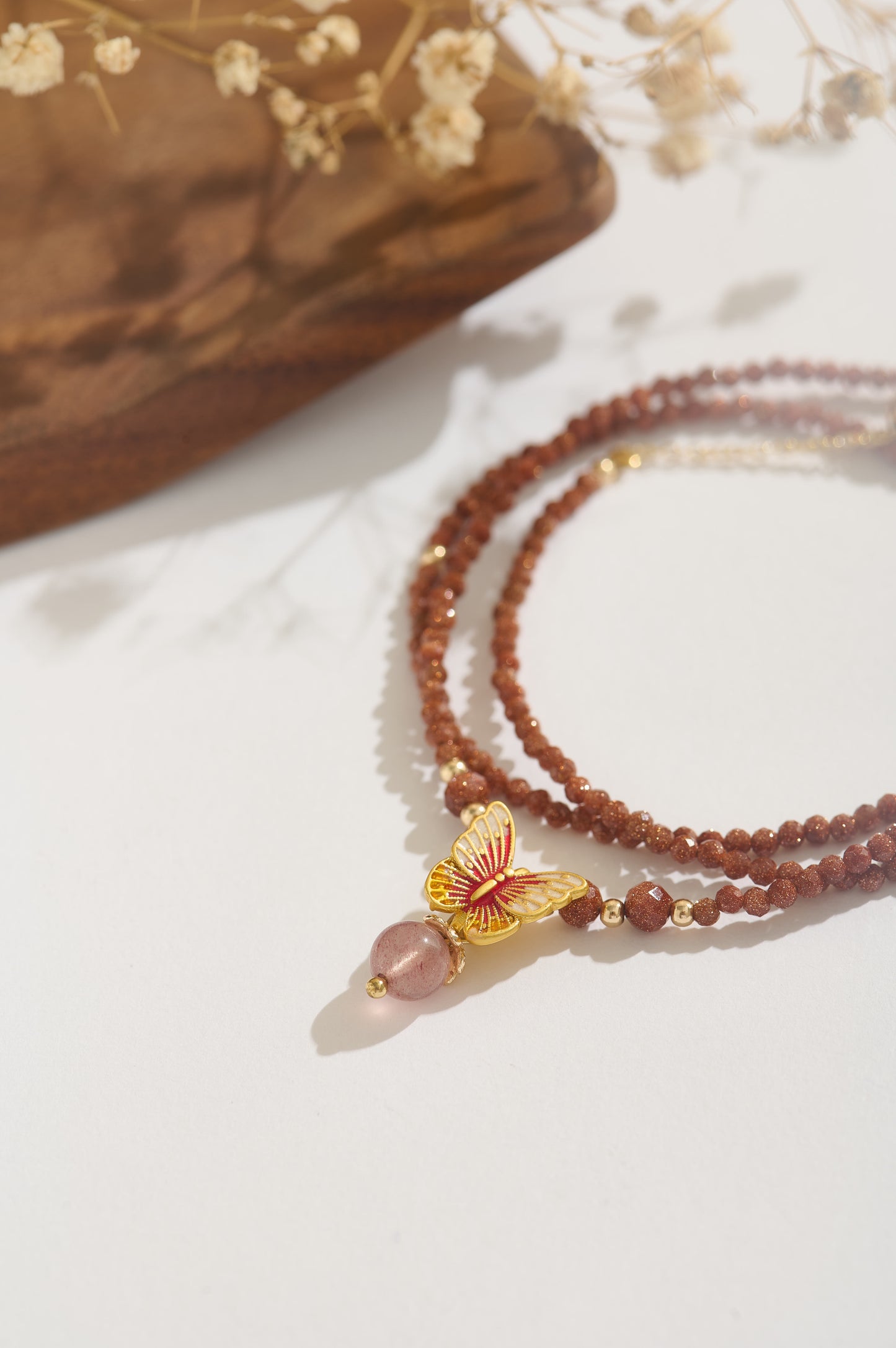 Handmade Shiny Goldstone & Strawberry Quartz Bracelet with Butterfly Charm, 14K Gold-filled Adjustable Jewelry