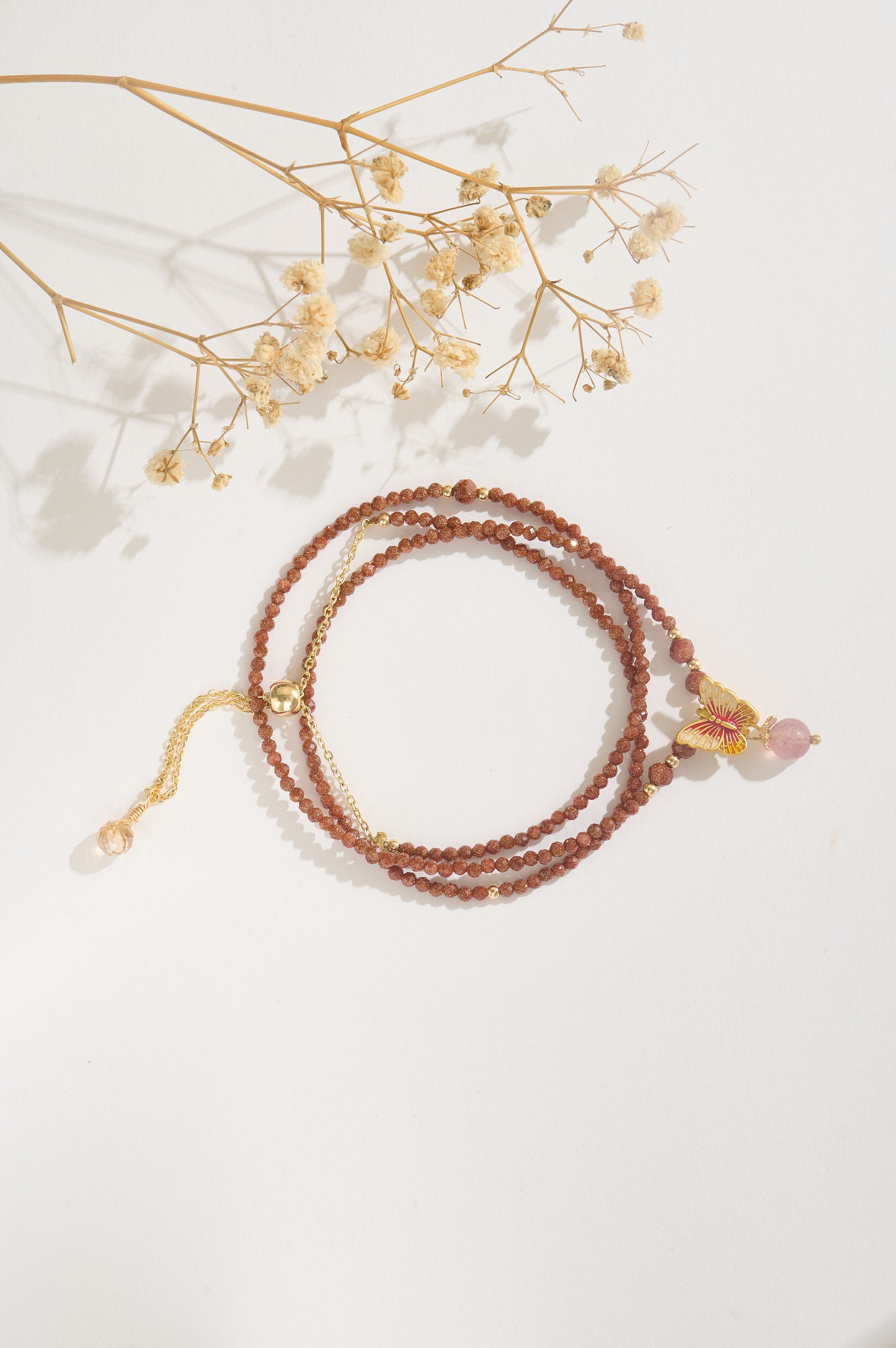 Handmade Shiny Goldstone & Strawberry Quartz Bracelet with Butterfly Charm, 14K Gold-filled Adjustable Jewelry