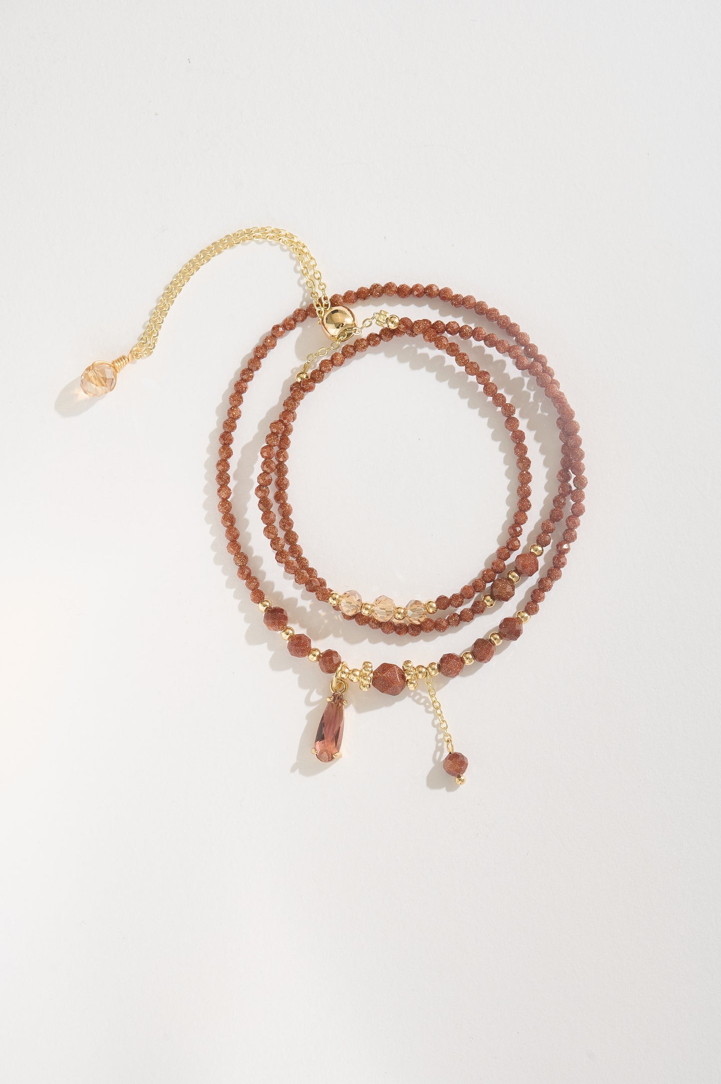 Handmade 14K Gold-Filled Shimmering Goldstone Beaded Bracelet Set with Citrine Crystal Accent, Adjustable Multi-Layer Wrap Bracelet
