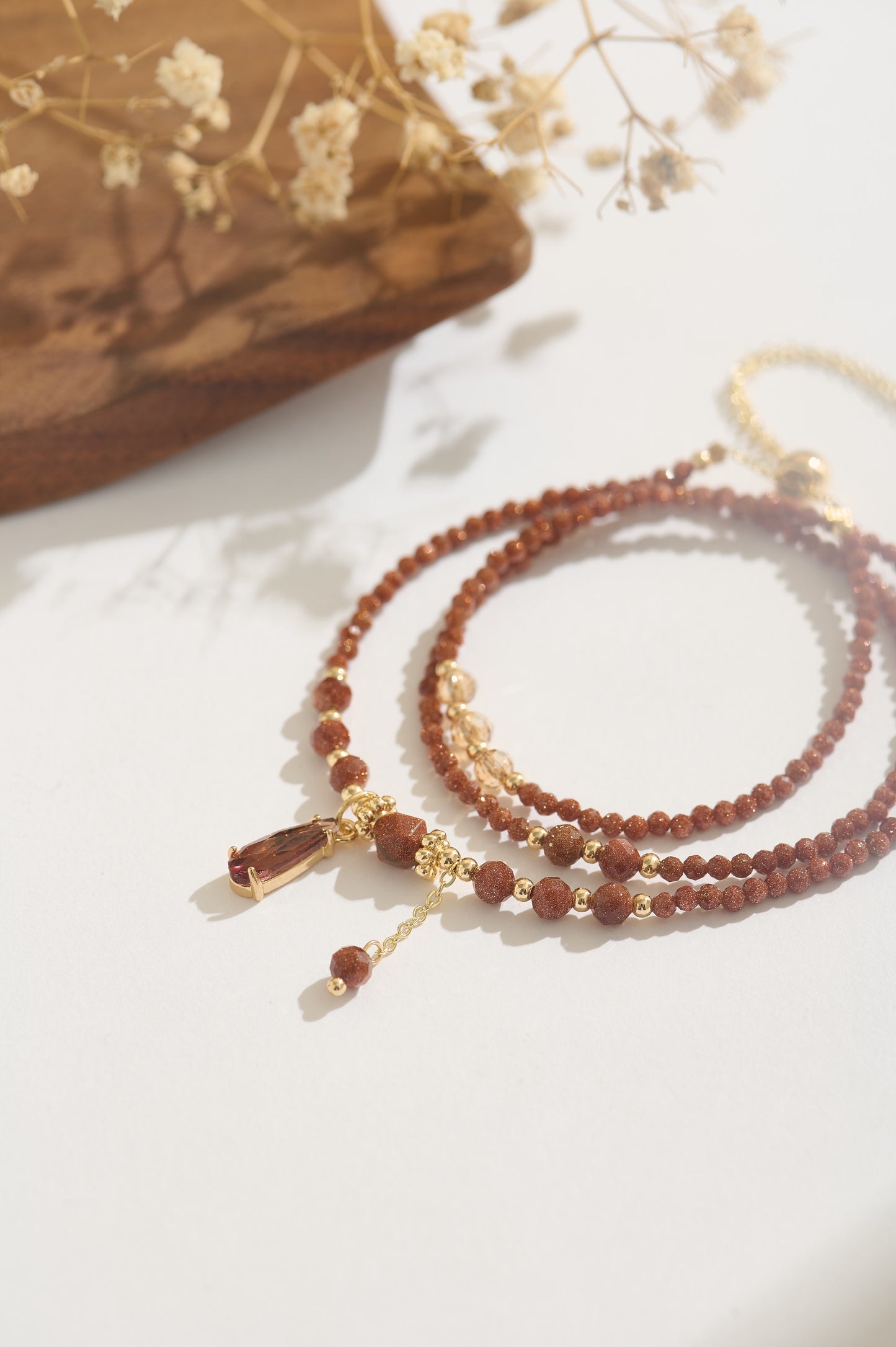 Handmade 14K Gold-Filled Shimmering Goldstone Beaded Bracelet Set with Citrine Crystal Accent, Adjustable Multi-Layer Wrap Bracelet