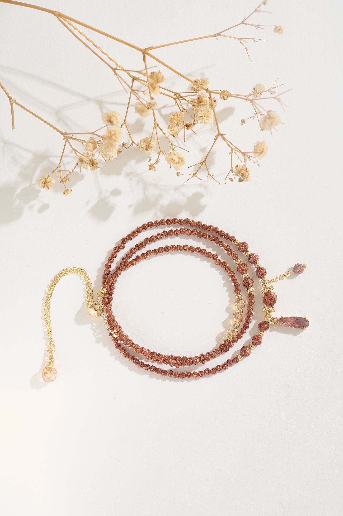 Handmade 14K Gold-Filled Shimmering Goldstone Beaded Bracelet Set with Citrine Crystal Accent, Adjustable Multi-Layer Wrap Bracelet