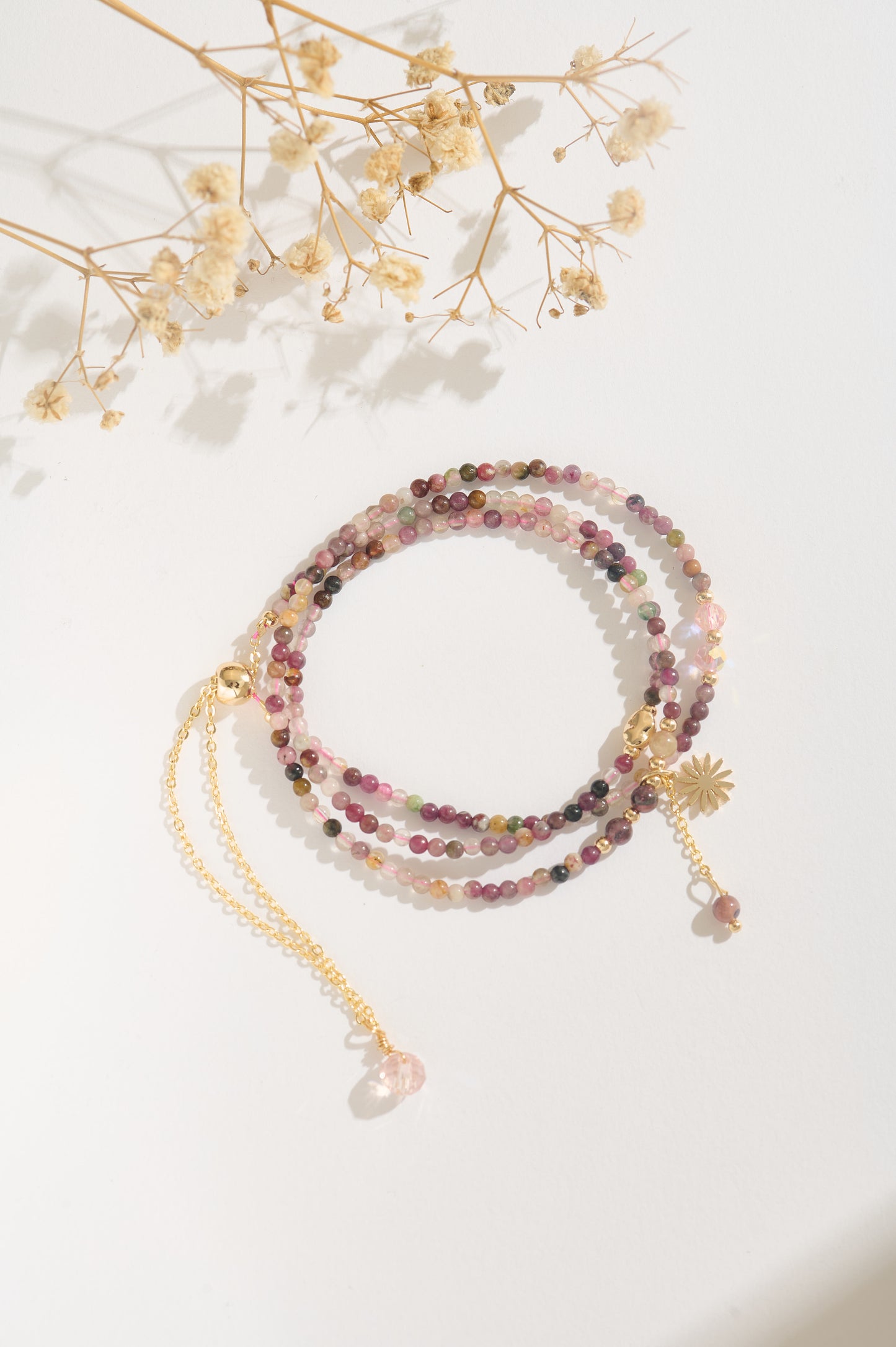 14K Gold Filled Multicolor Tourmaline Beaded Bracelet – Adjustable Triple Wrap, Natural Healing Stone Jewelry