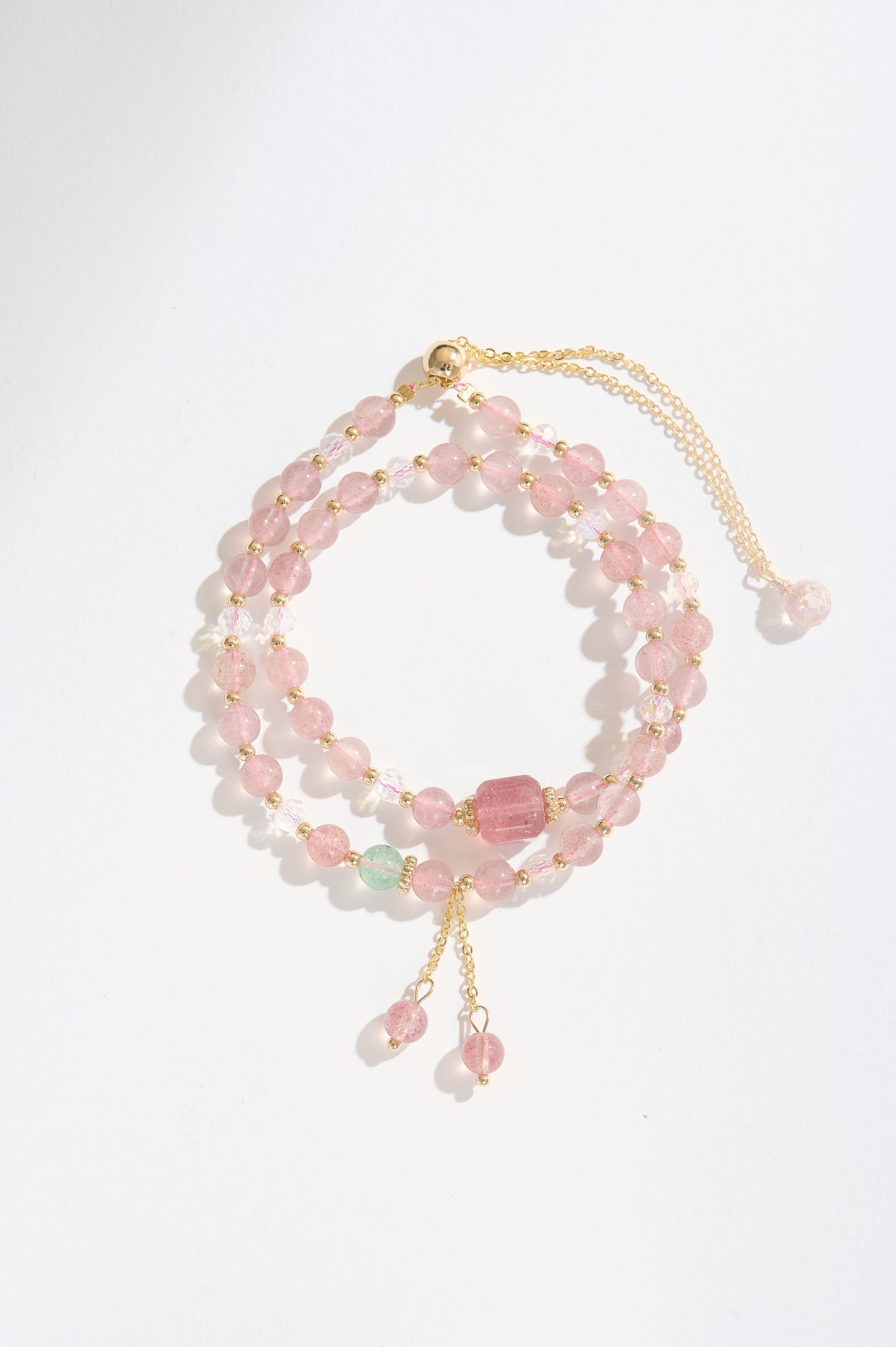 Natural Strawberry Quartz Beaded Bracelet – Double Wrap Design with Tourmaline Accents and 14K Gold-Filled Details