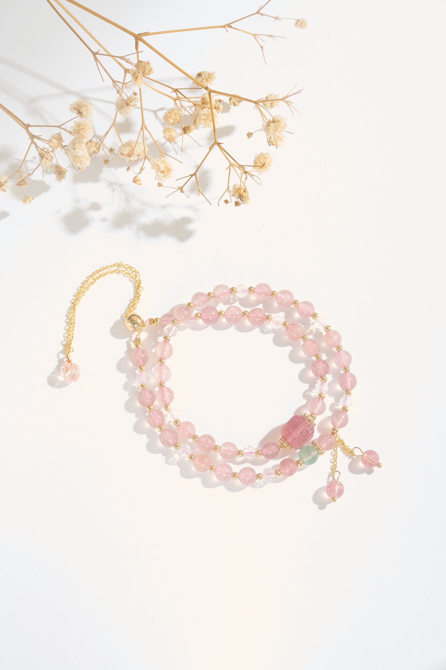 Natural Strawberry Quartz Beaded Bracelet – Double Wrap Design with Tourmaline Accents and 14K Gold-Filled Details