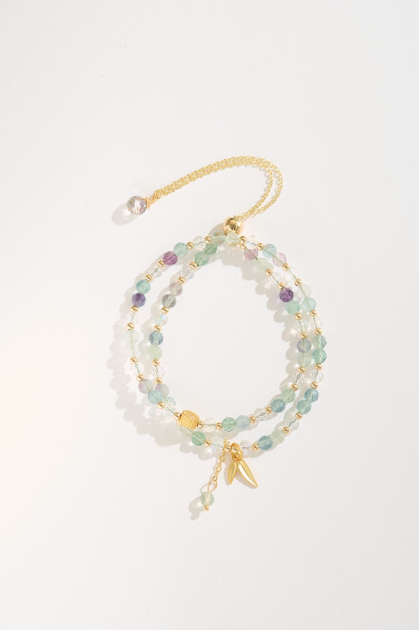Handmade Green Multicolor Fluorite Double Layer Bracelet – Natural Fluorite Beads with Gold-Plated Accents and Leaf Charms