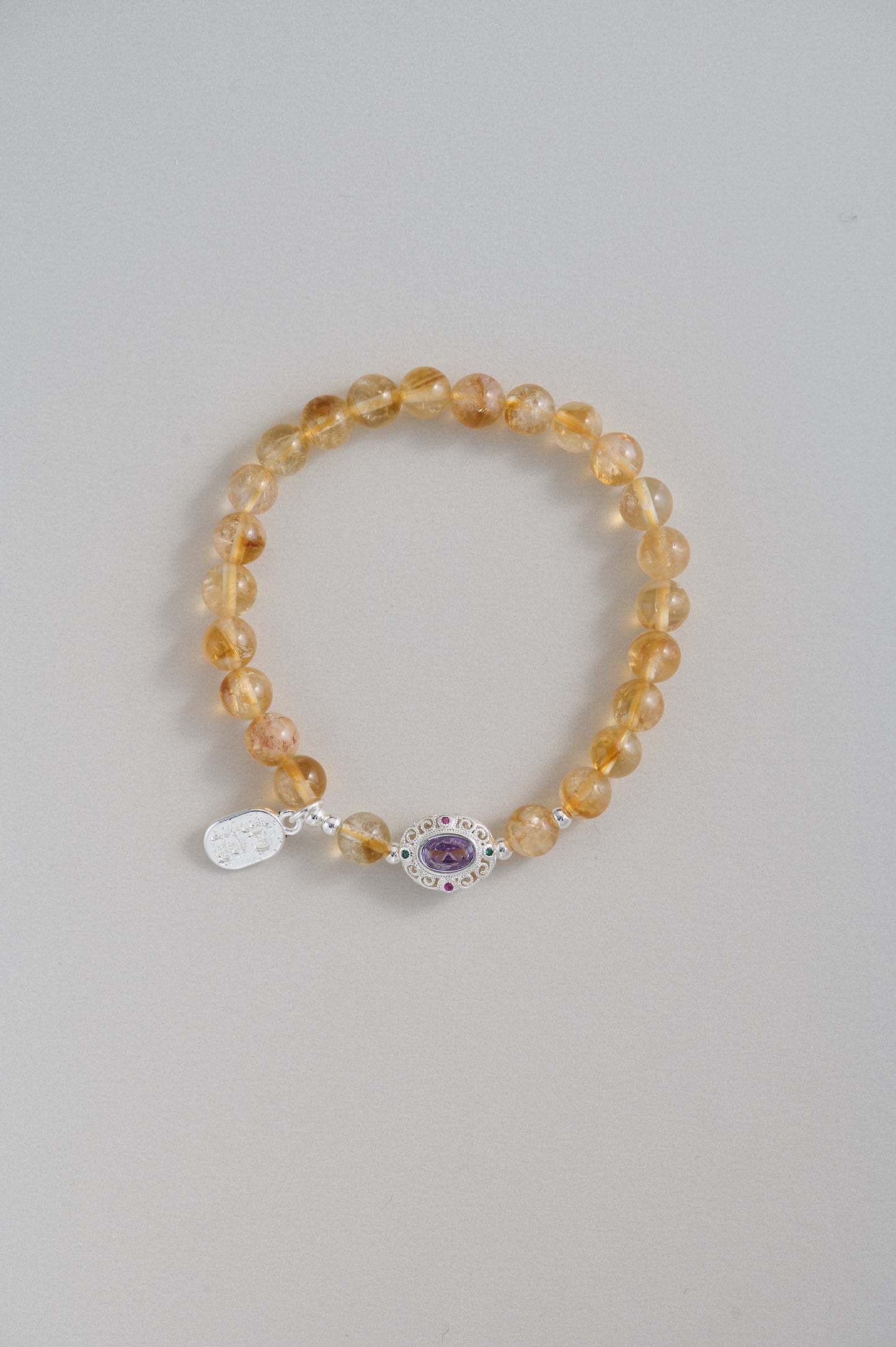 Natural Citrine Yellow Quartz Bead Bracelet – Handmade Prosperity Crystal with Sterling Silver Amulet Charm & Amethyst Accent – Wealth & Energy Gemstone Jewelry