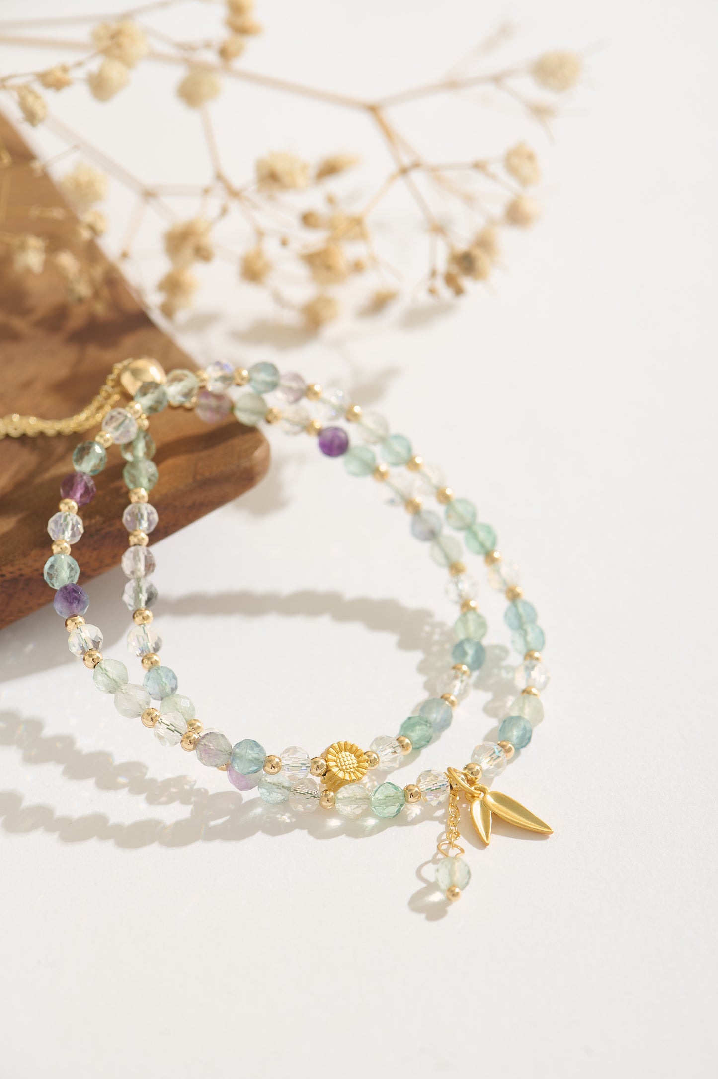 Handmade Green Multicolor Fluorite Double Layer Bracelet – Natural Fluorite Beads with Gold-Plated Accents and Leaf Charms