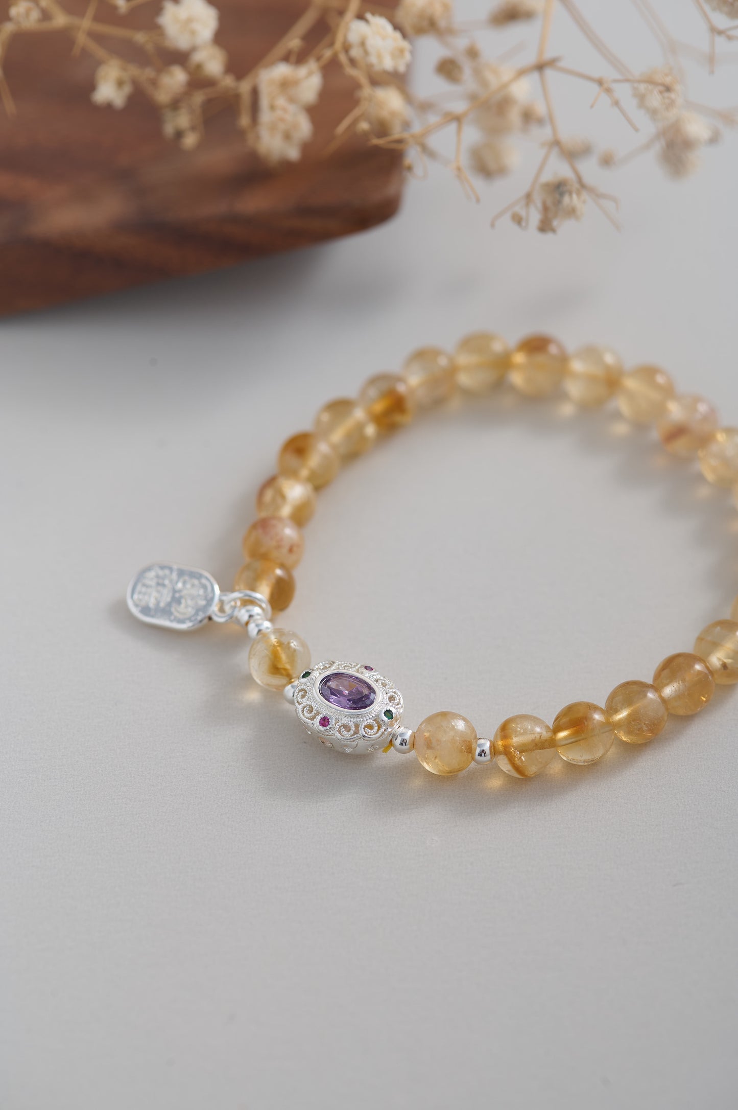 Natural Citrine Yellow Quartz Bead Bracelet – Handmade Prosperity Crystal with Sterling Silver Amulet Charm & Amethyst Accent – Wealth & Energy Gemstone Jewelry