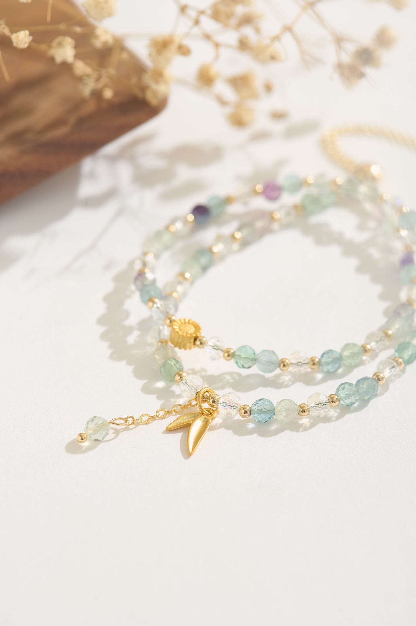 Handmade Green Multicolor Fluorite Double Layer Bracelet – Natural Fluorite Beads with Gold-Plated Accents and Leaf Charms