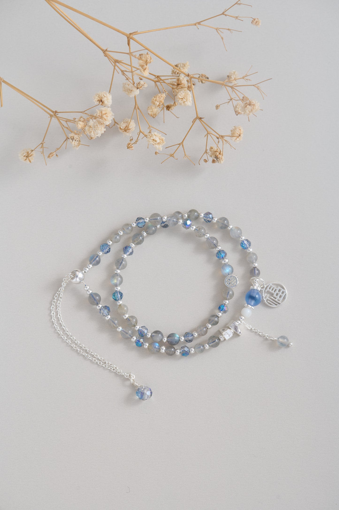 Moonstone & Blue Agate Multi-Layer Bracelet – Adjustable Double Wrap with Silver Charms, Elegant Gift for Her