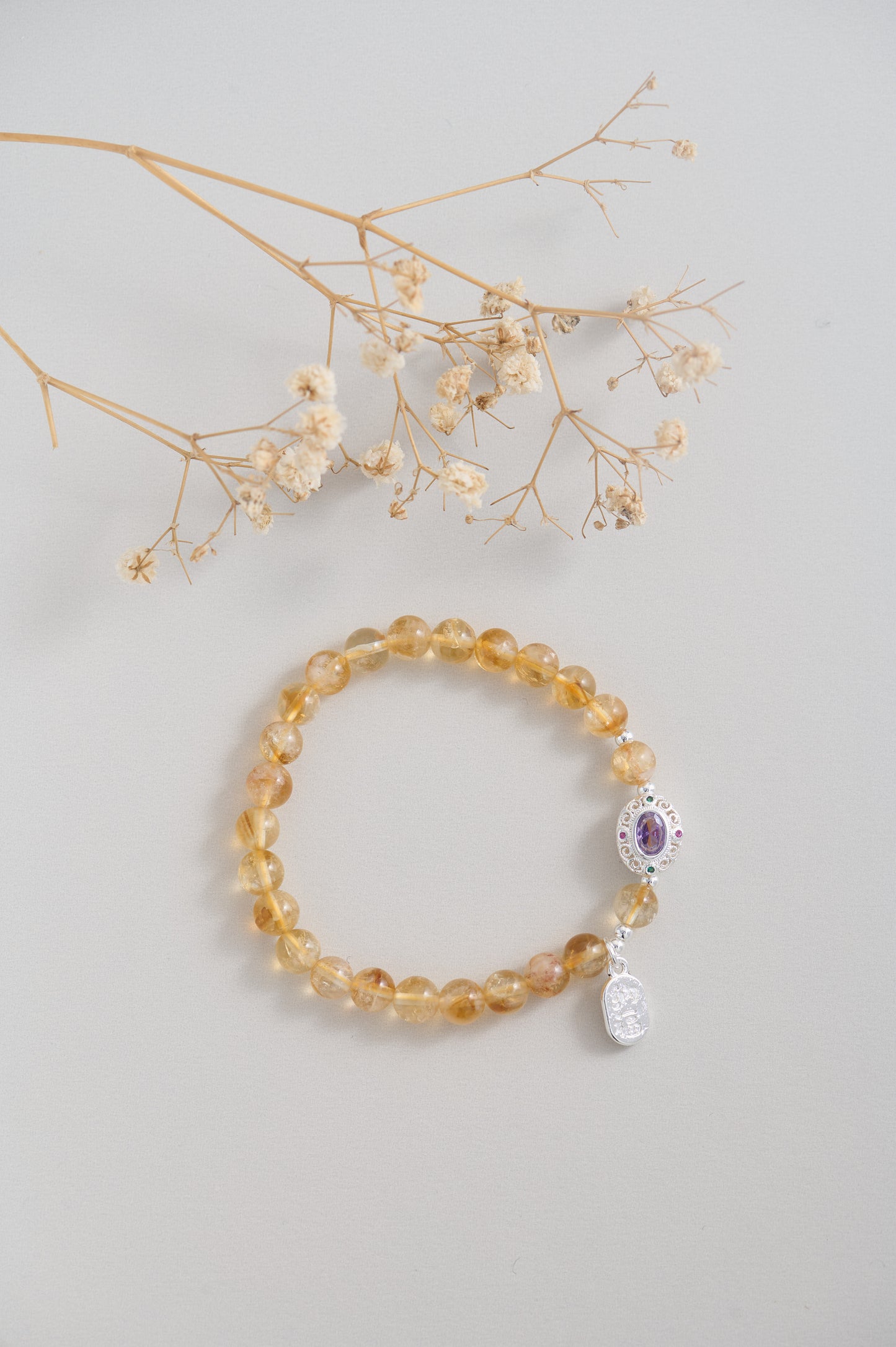 Natural Citrine Yellow Quartz Bead Bracelet – Handmade Prosperity Crystal with Sterling Silver Amulet Charm & Amethyst Accent – Wealth & Energy Gemstone Jewelry