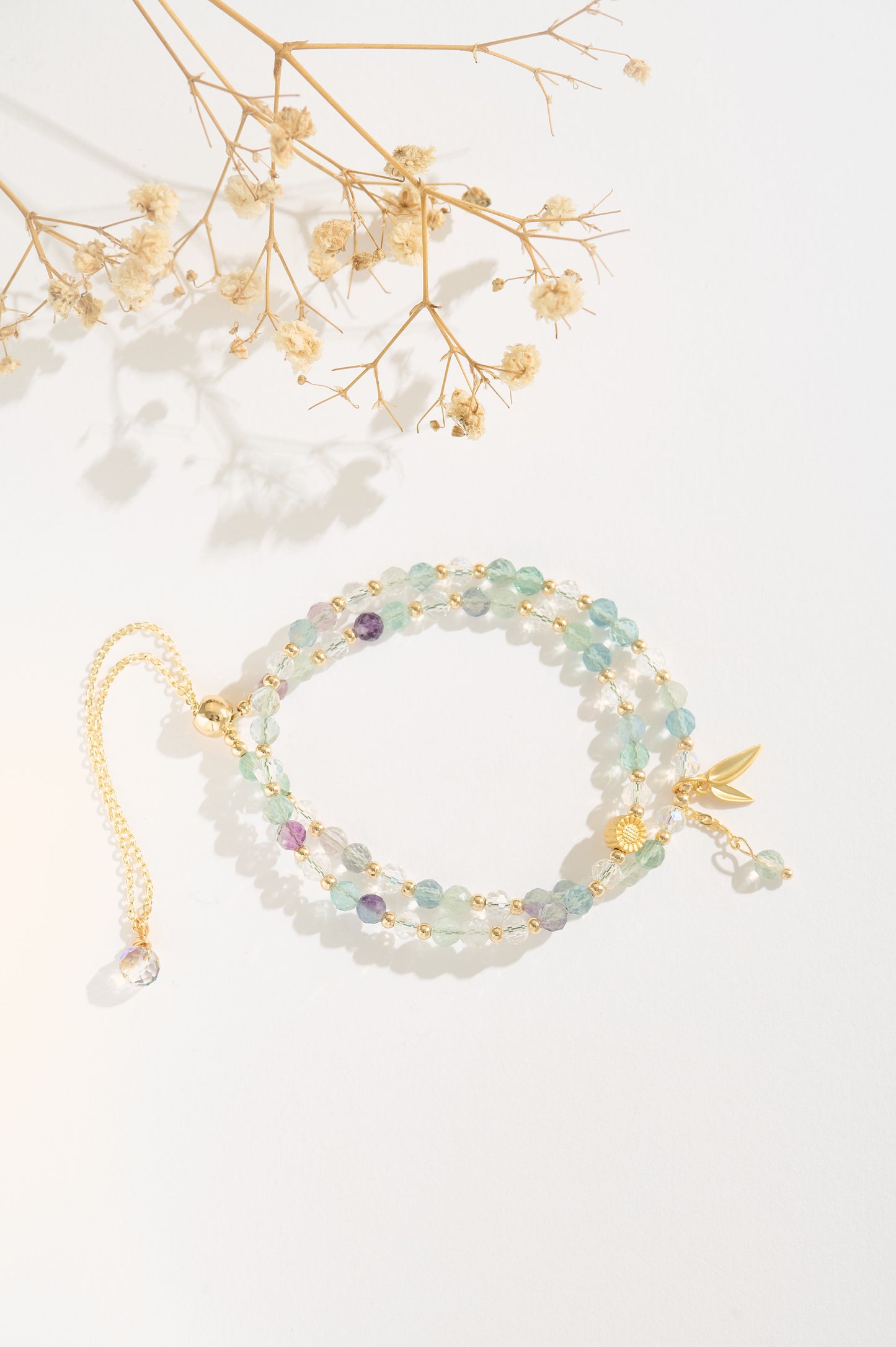 Handmade Green Multicolor Fluorite Double Layer Bracelet – Natural Fluorite Beads with Gold-Plated Accents and Leaf Charms