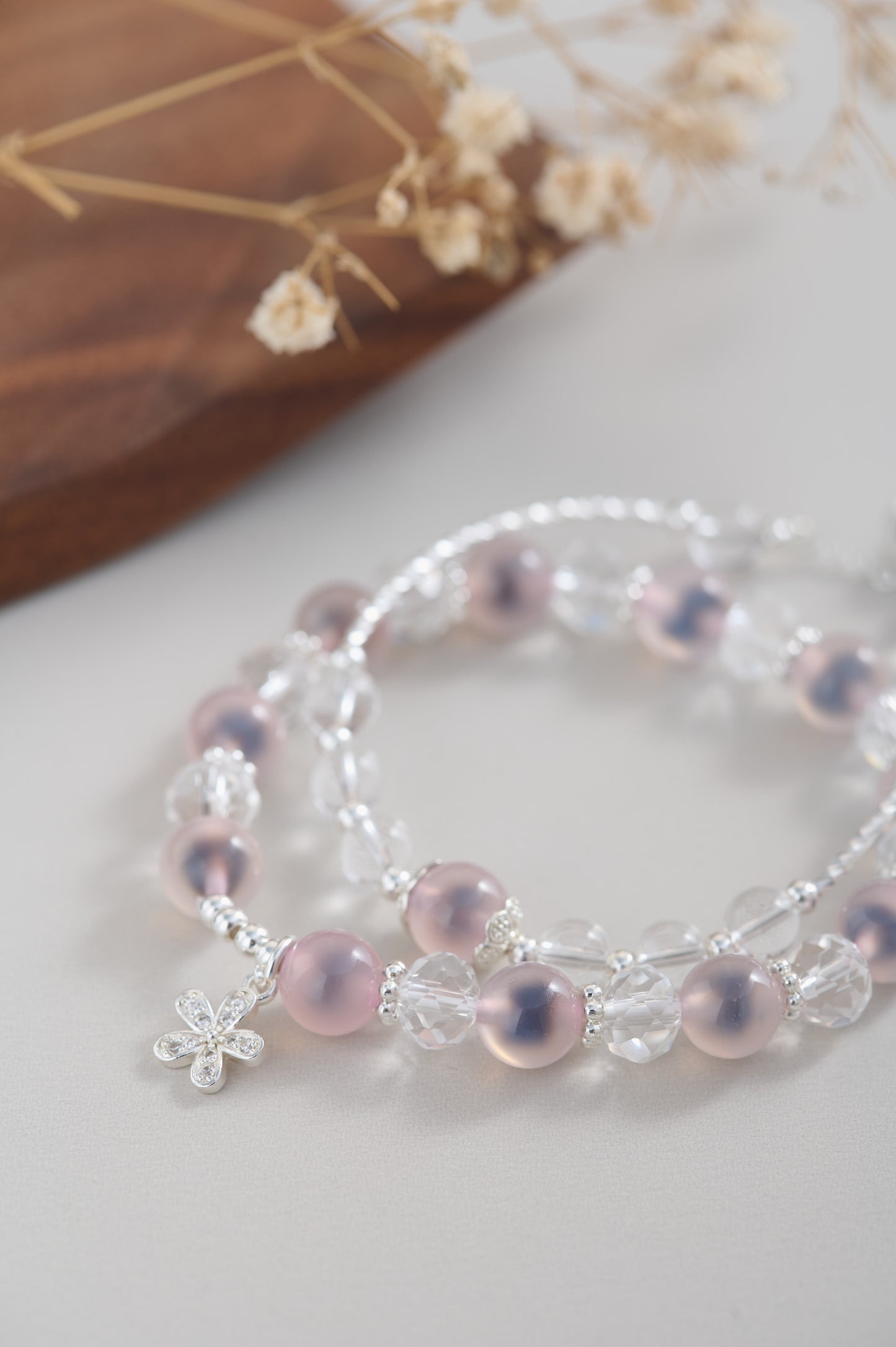 Pink Heart Agate & Crystal Beaded Wrap Bracelet – Sterling Silver Adjustable Charm Jewelry