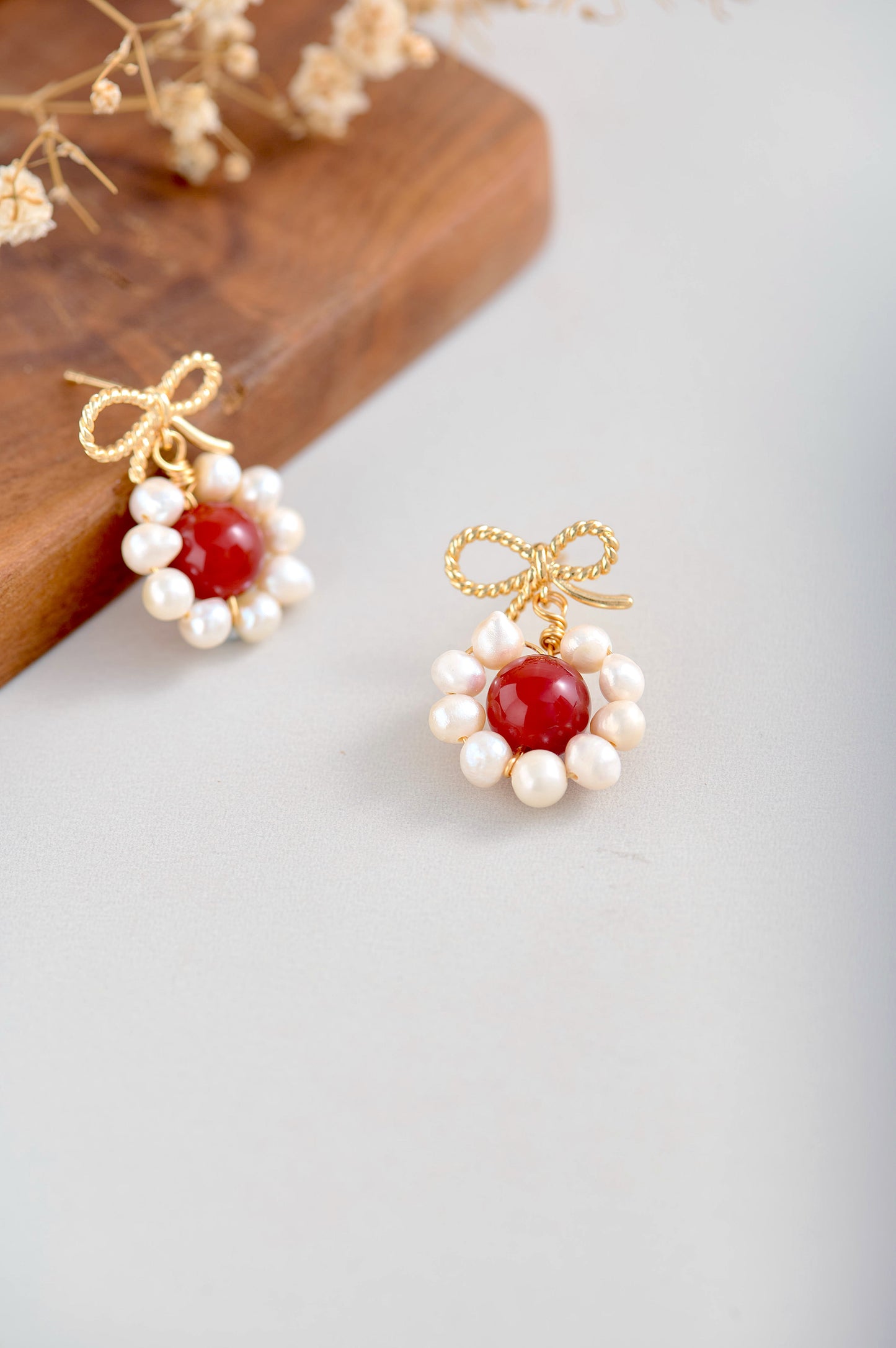 Handmade Red Agate & Freshwater Pearl Stud Earrings with Gold Bow – 14k Gold Filled Wire Wrapped Jewelry