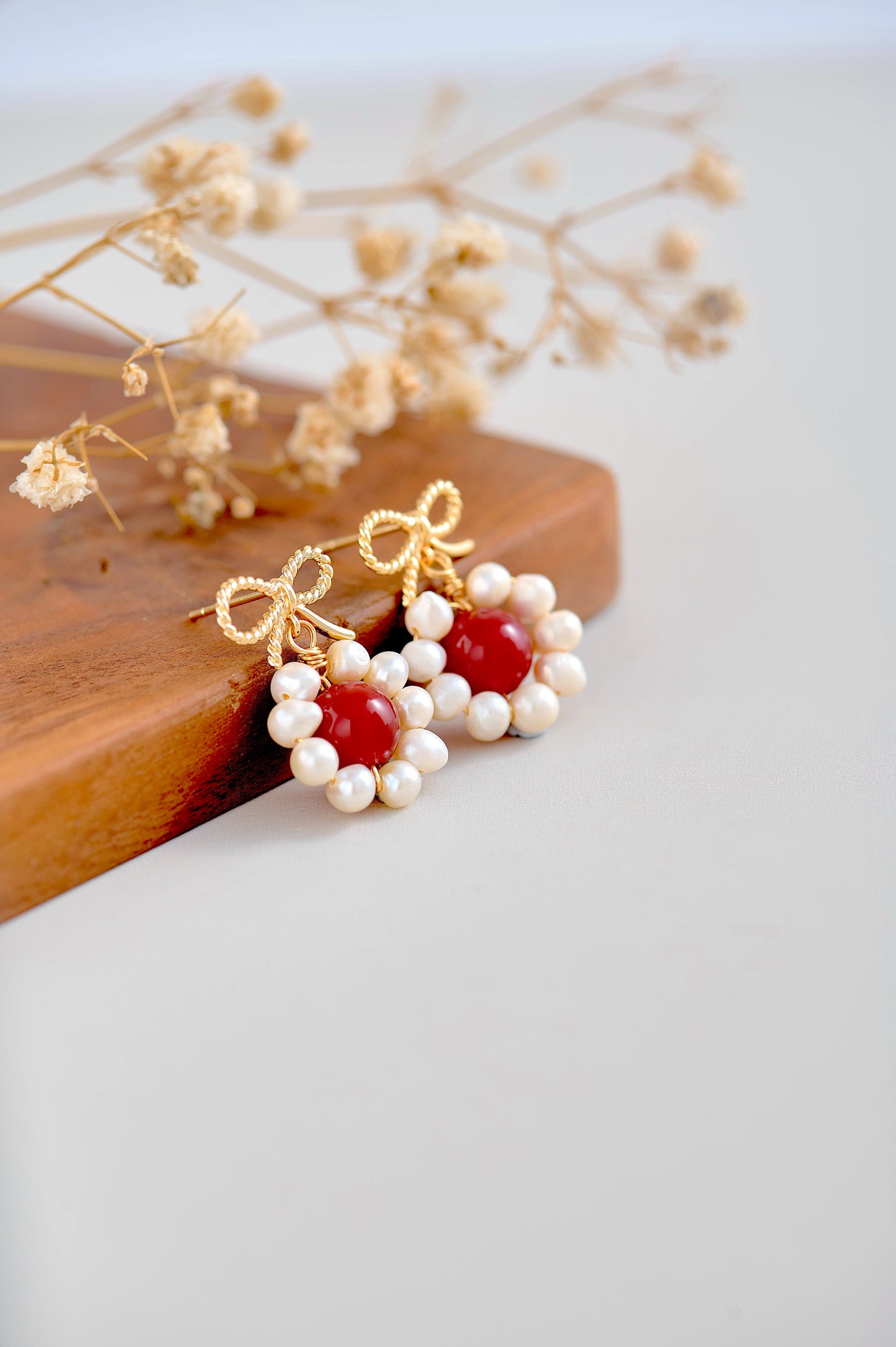 Handmade Red Agate & Freshwater Pearl Stud Earrings with Gold Bow – 14k Gold Filled Wire Wrapped Jewelry