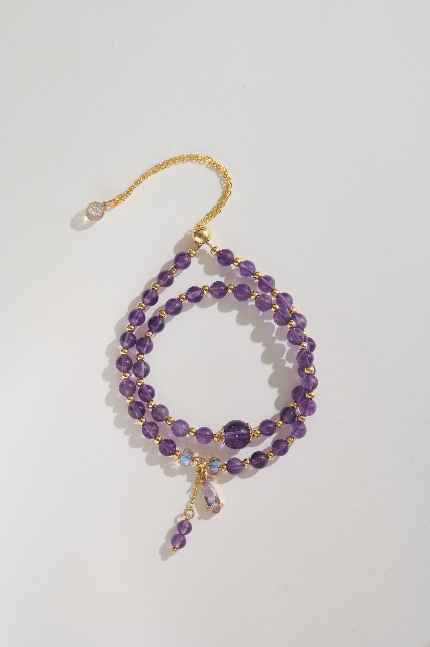 Handmade Amethyst Double Layer Beaded Bracelet Natural Purple Crystal Jewelry with Gold Accents, Adjustable Gemstone Wrap Bracelet for Women