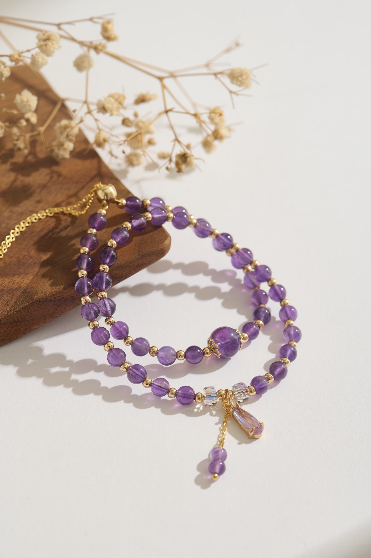 Handmade Amethyst Double Layer Beaded Bracelet Natural Purple Crystal Jewelry with Gold Accents, Adjustable Gemstone Wrap Bracelet for Women
