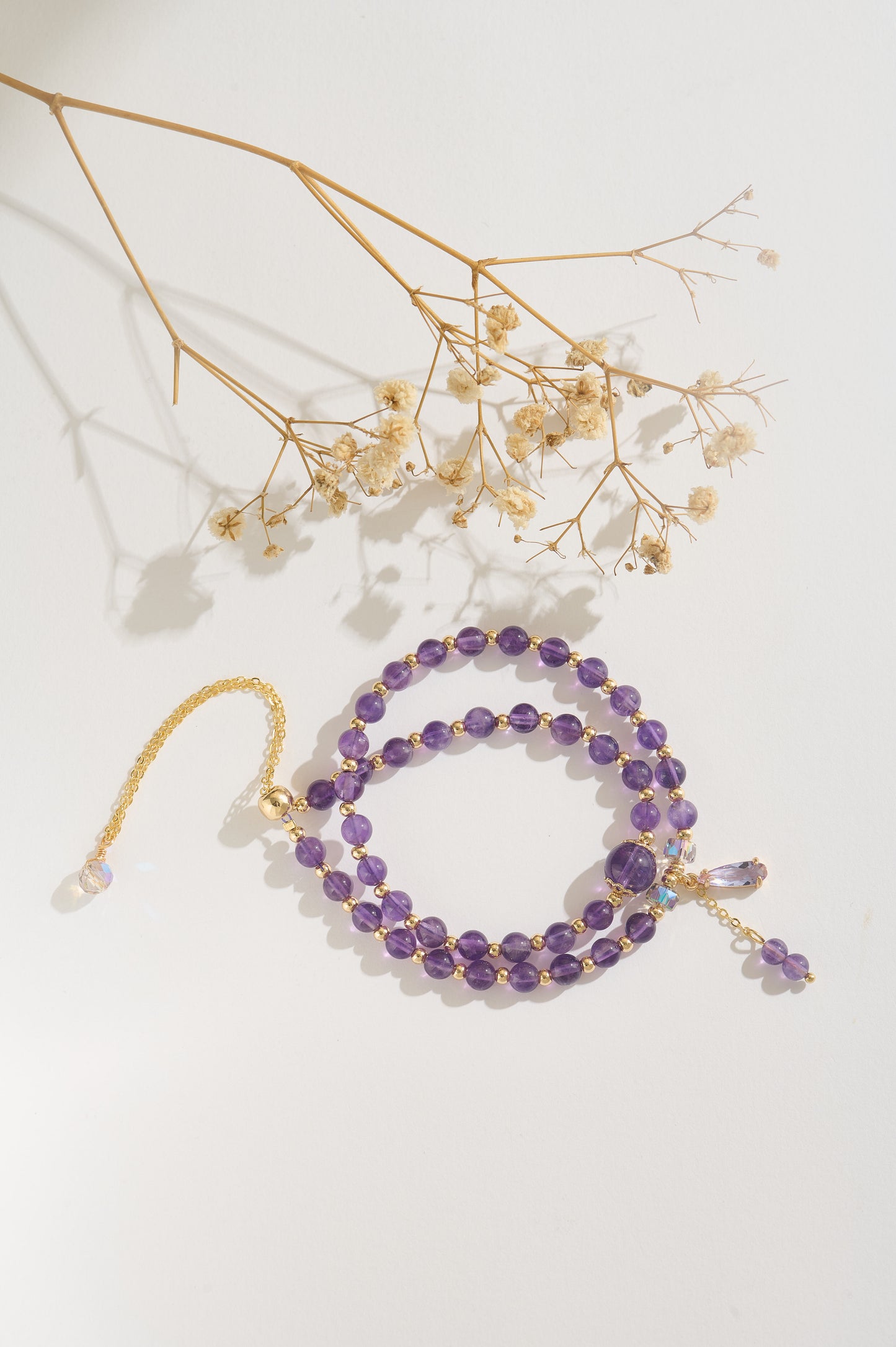 Handmade Amethyst Double Layer Beaded Bracelet Natural Purple Crystal Jewelry with Gold Accents, Adjustable Gemstone Wrap Bracelet for Women