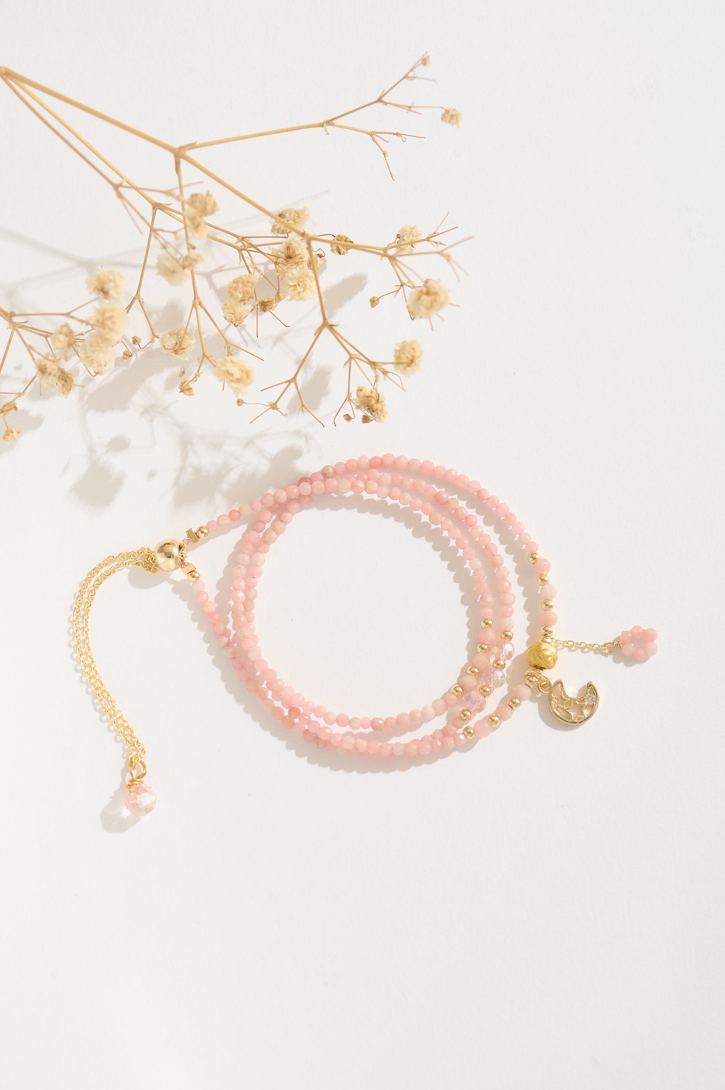 Handmade Pink Opal Beaded Bracelet – Moon Charm Double Layer Crystal Bracelet, Dainty Gemstone Gift for Her, Healing Energy Jewelry