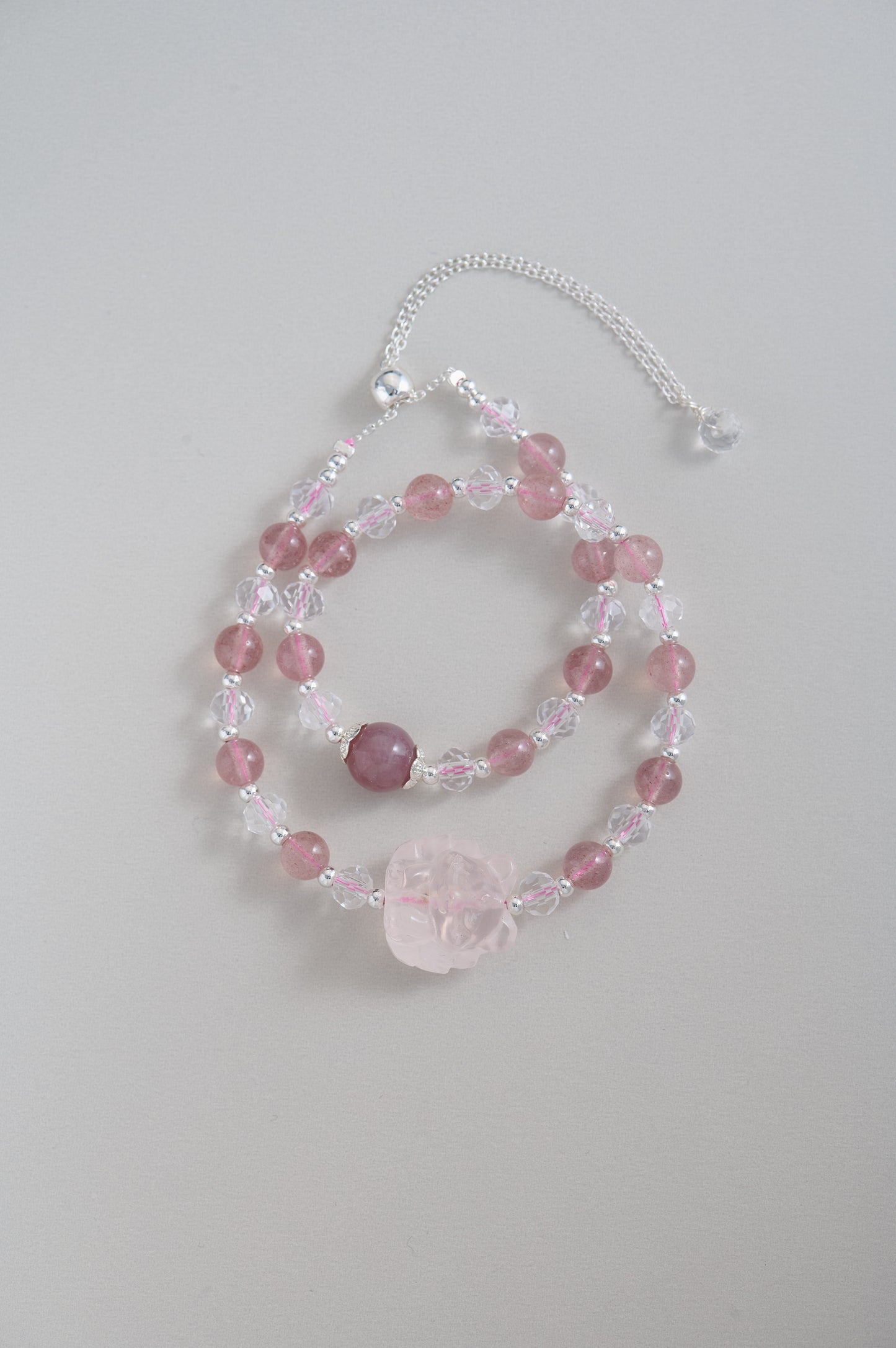 Handmade Lucky Romantic Charm Strawberry Quartz & Rose Quartz Fox Charm Wrap Bracelet Double Layer Silver Pink Crystal Rose Gemstone