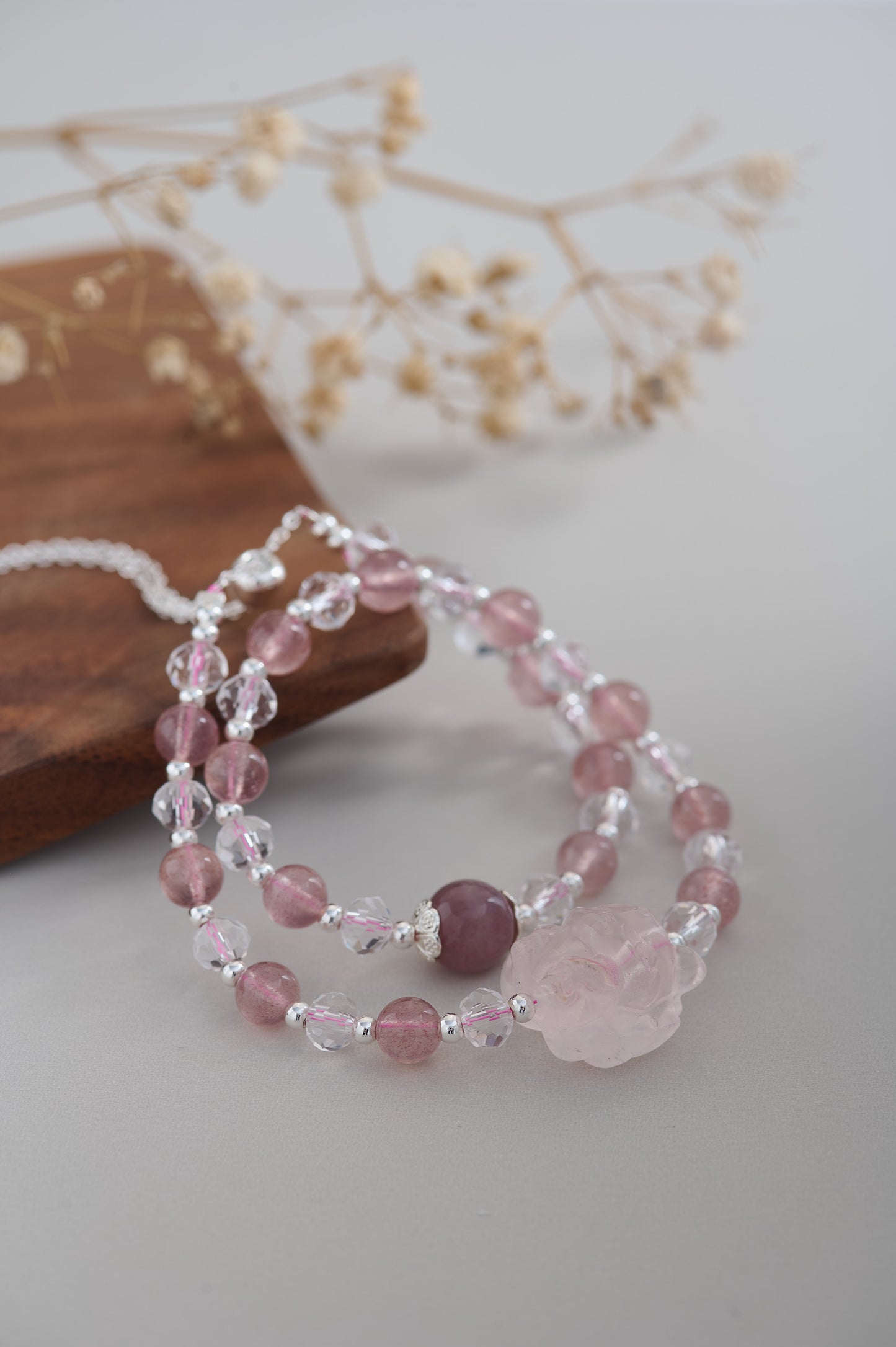 Handmade Lucky Romantic Charm Strawberry Quartz & Rose Quartz Fox Charm Wrap Bracelet Double Layer Silver Pink Crystal Rose Gemstone