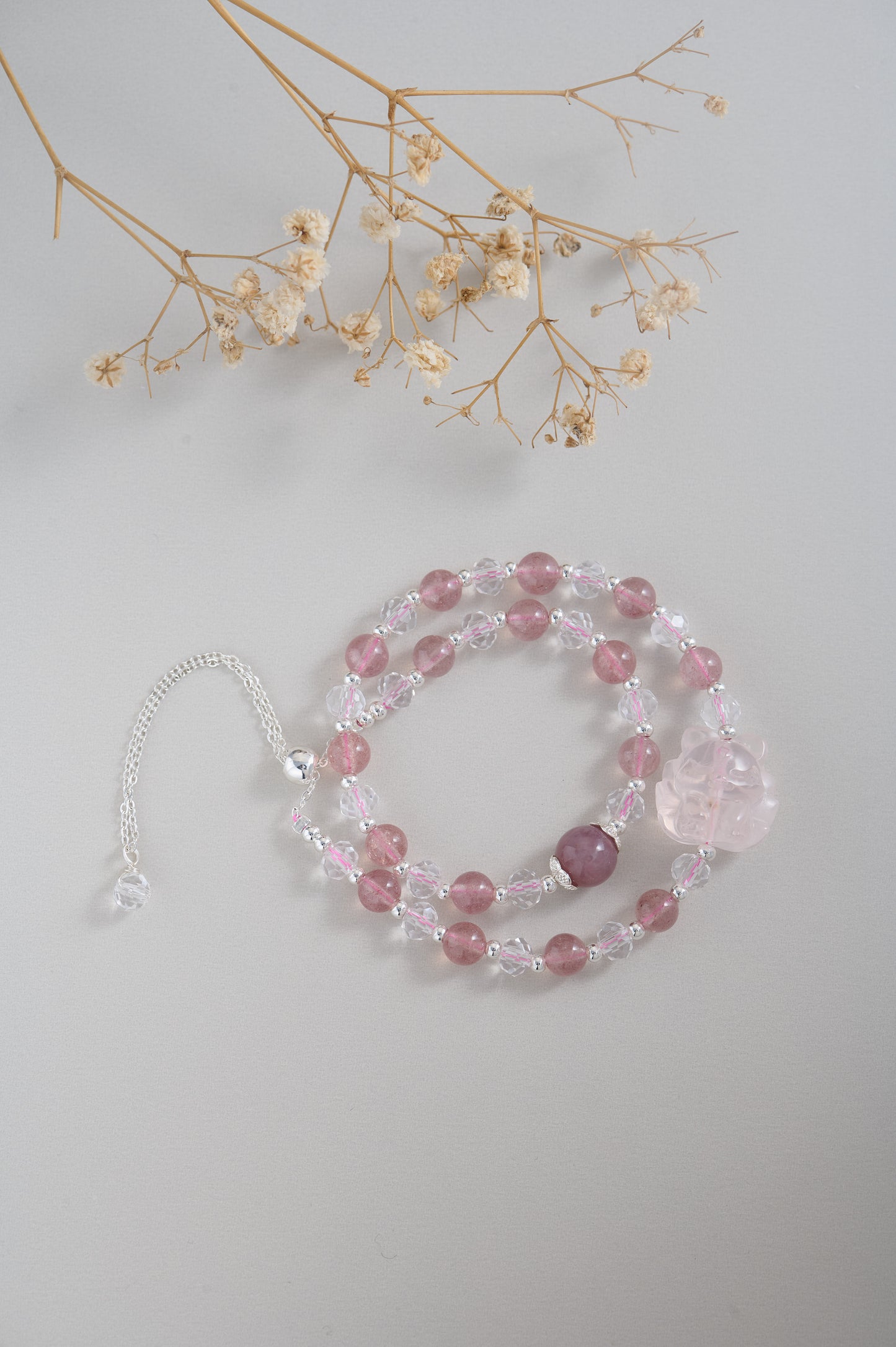 Handmade Lucky Romantic Charm Strawberry Quartz & Rose Quartz Fox Charm Wrap Bracelet Double Layer Silver Pink Crystal Rose Gemstone