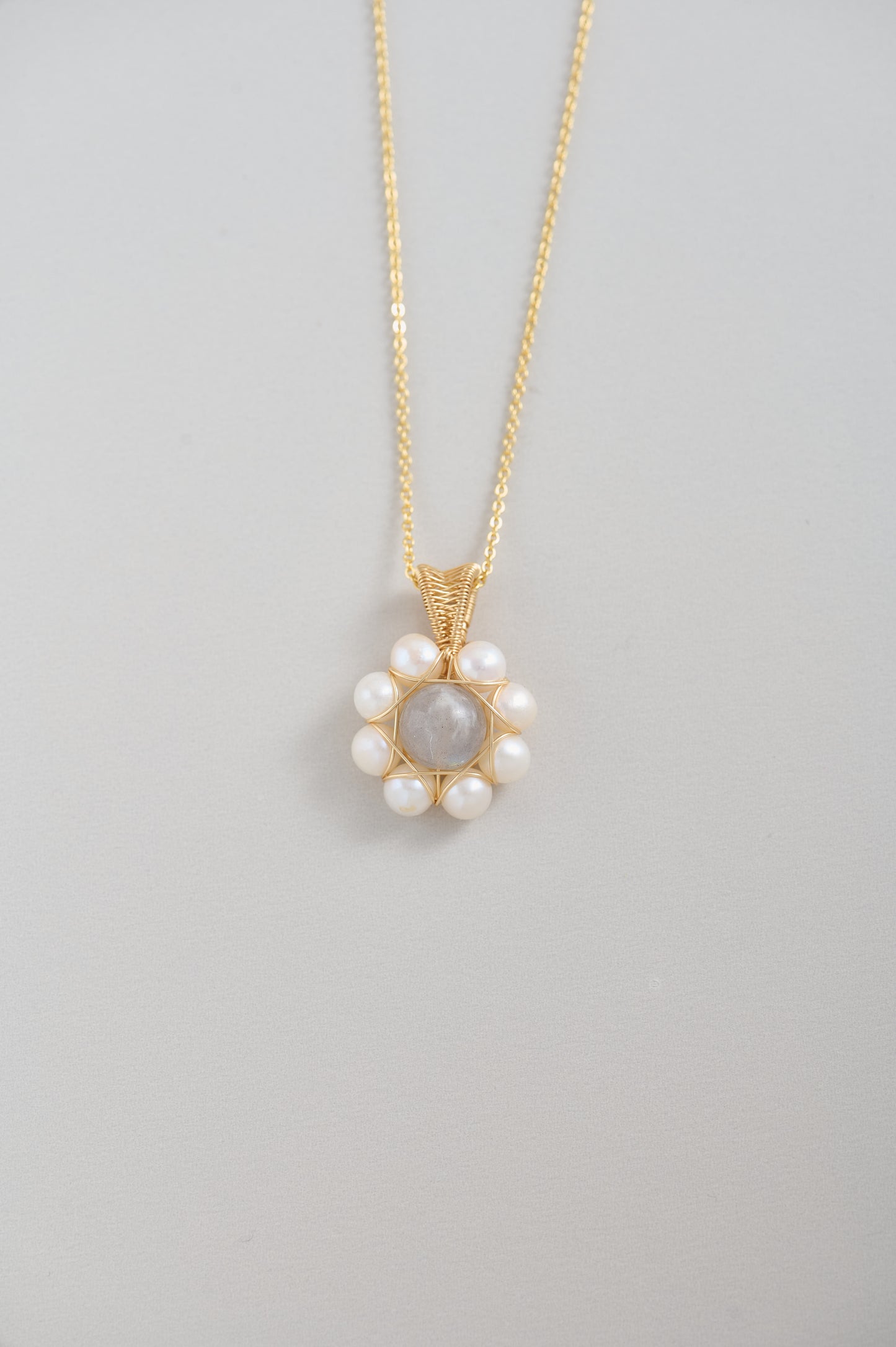 Handmade Labradorite and Freshwater Pearl Pendant Necklace – 14k Gold-Filled Wire Wrapped, Adjustable Length