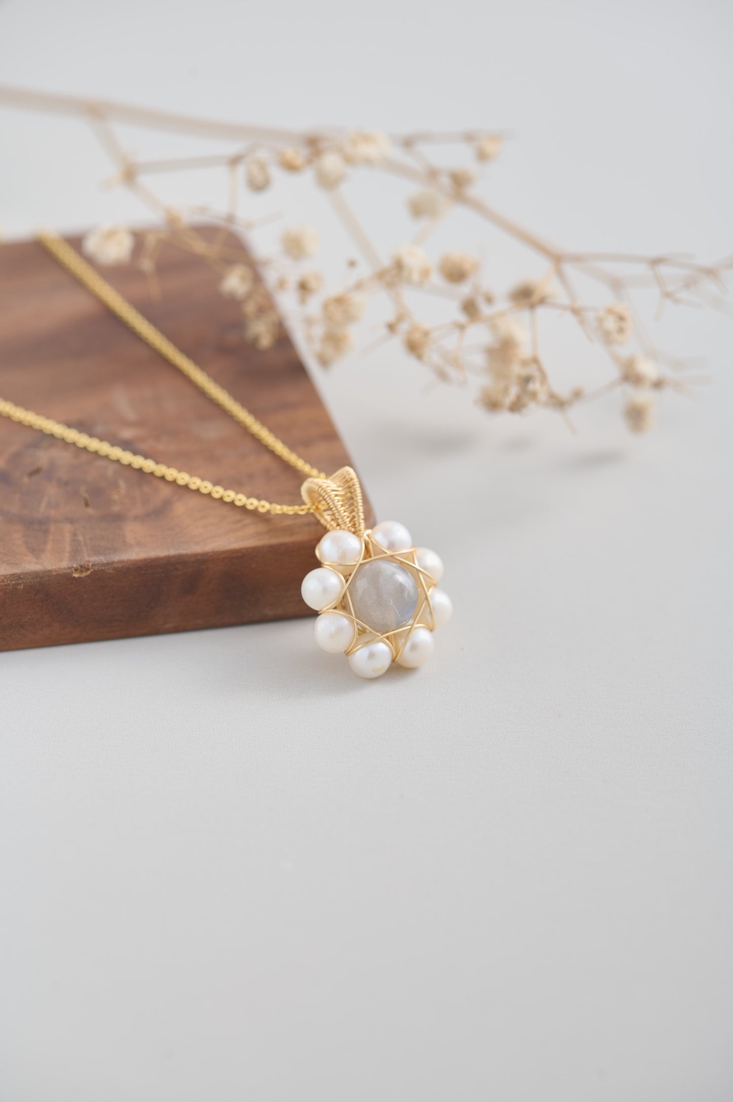 Handmade Labradorite and Freshwater Pearl Pendant Necklace – 14k Gold-Filled Wire Wrapped, Adjustable Length
