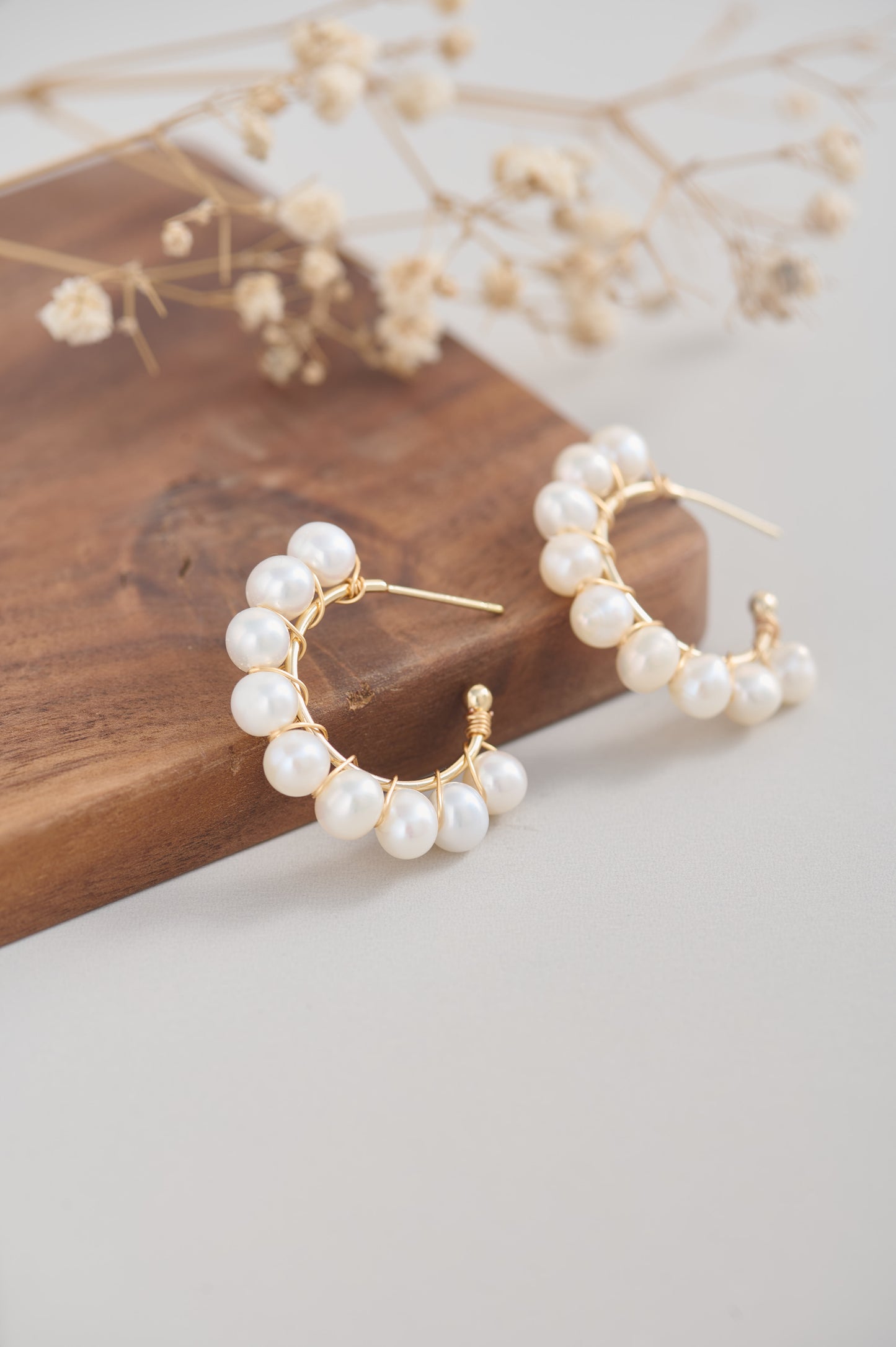 Handmade 14K Gold Filled Wire Wrapped White Freshwater Pearl Hoop Earrings | Classic Pearl Statement Earrings | Non-Tarnish & Hypoallergenic