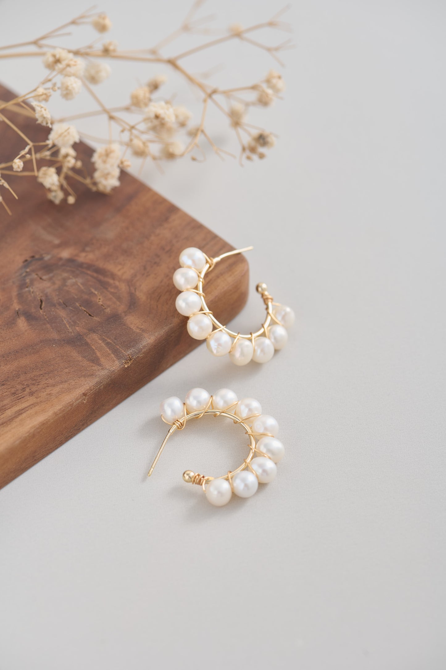 Handmade 14K Gold Filled Wire Wrapped White Freshwater Pearl Hoop Earrings | Classic Pearl Statement Earrings | Non-Tarnish & Hypoallergenic