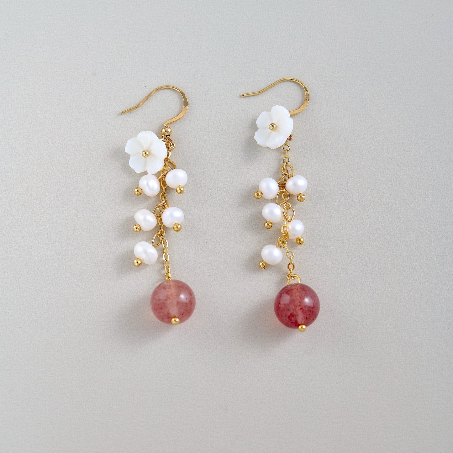 Handmade 14k Gold-Filled Earrings with Strawberry Quartz, Freshwater Pearls & Carved Shell Flower | Dangle Earrings | Elegant Gift for Her