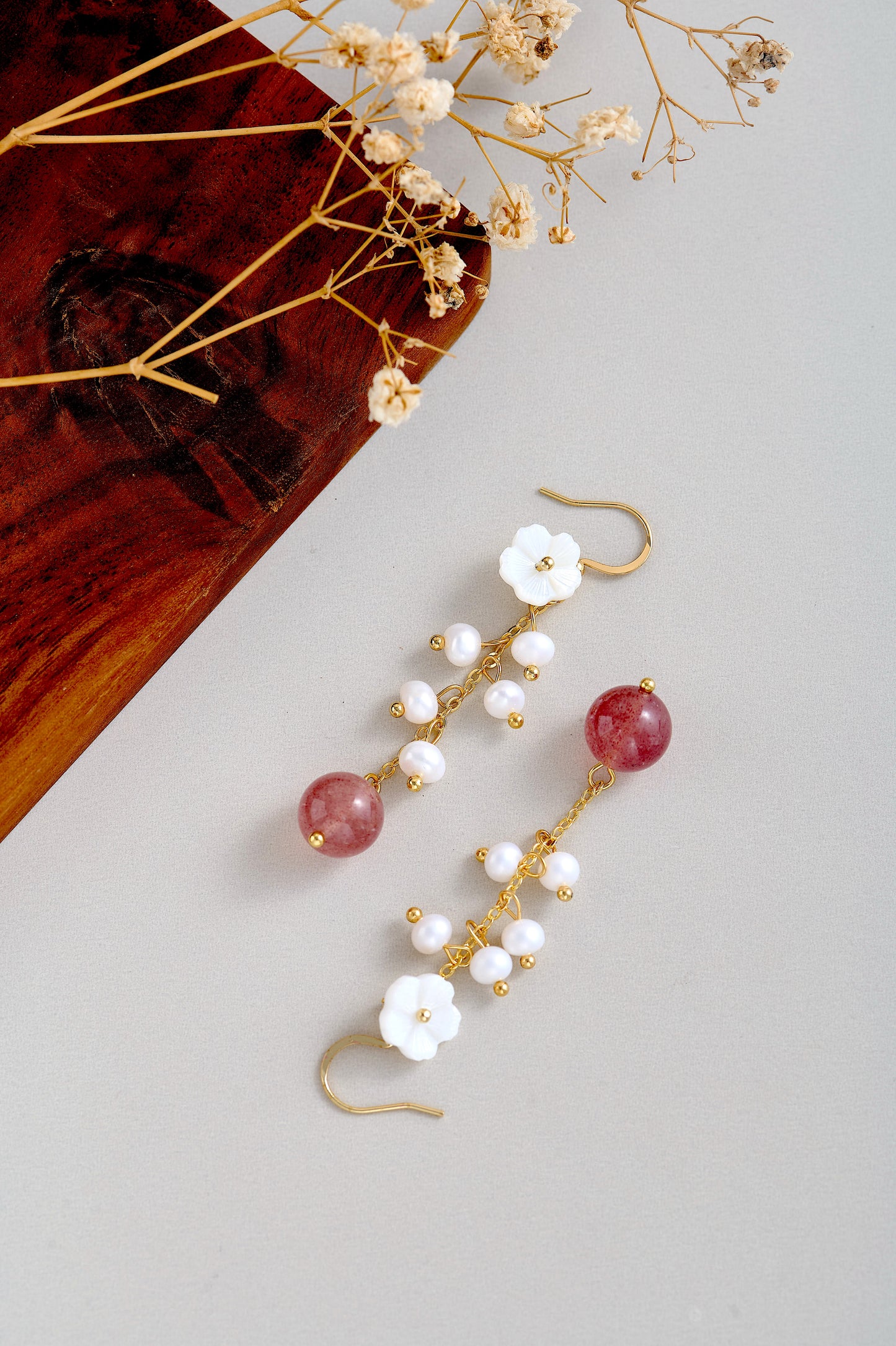 Handmade 14k Gold-Filled Earrings with Strawberry Quartz, Freshwater Pearls & Carved Shell Flower | Dangle Earrings | Elegant Gift for Her