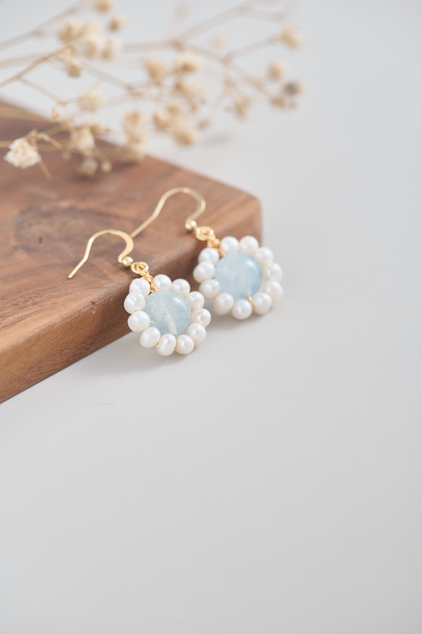 Handmade Aquamarine and Pearl Flower Dangle Earrings | 14k Gold Filled | Hypoallergenic Silicone Backs | Delicate Gift for Her