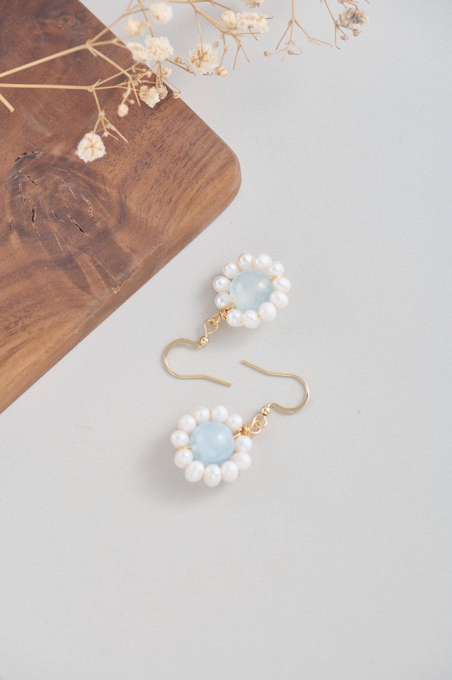 Handmade Aquamarine and Pearl Flower Dangle Earrings | 14k Gold Filled | Hypoallergenic Silicone Backs | Delicate Gift for Her