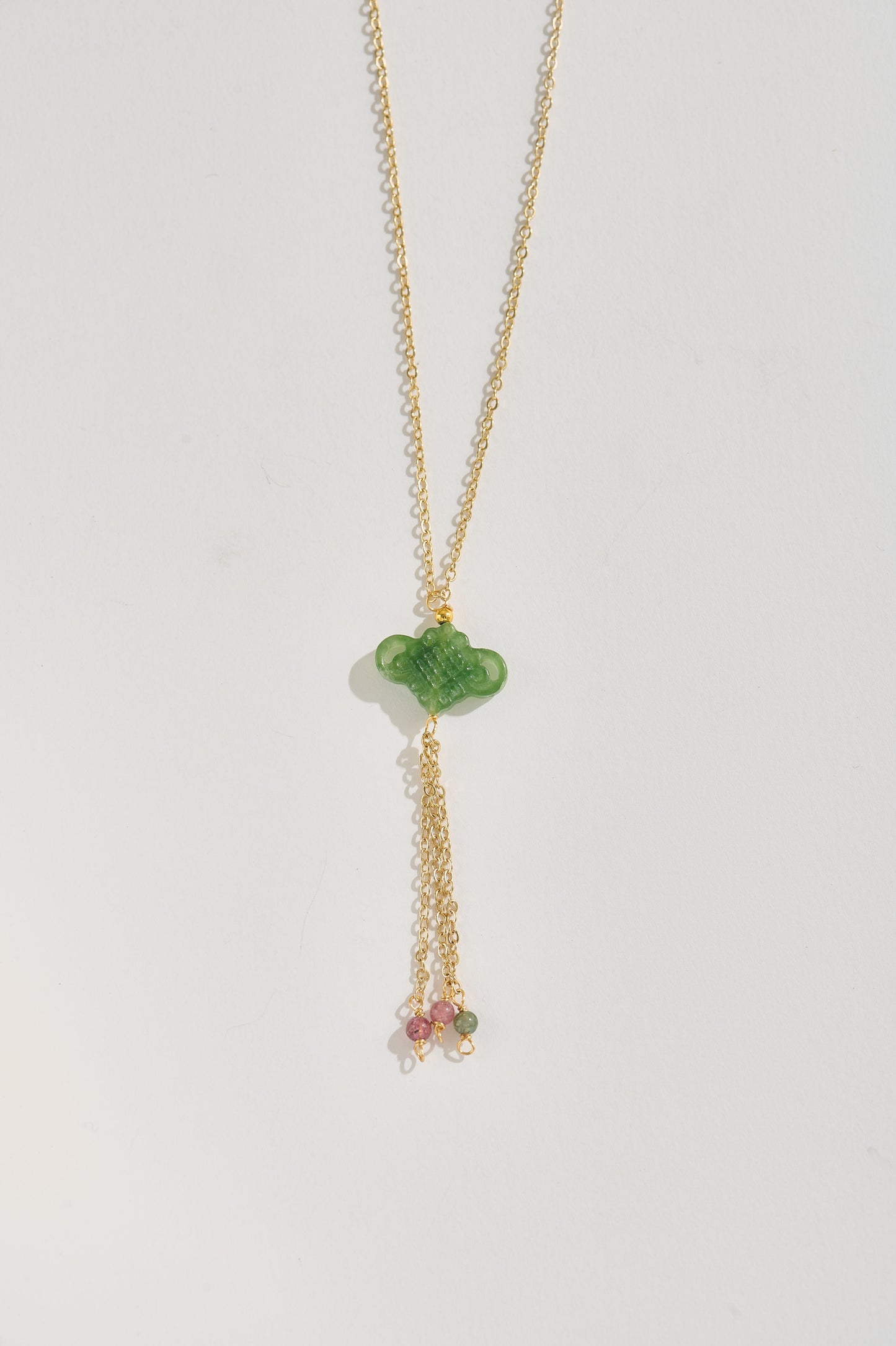 Eternal Knot – Hand-Carved Green Jade Pendant with Tourmaline Tassels & Free 14K Gold Adjustable Chain