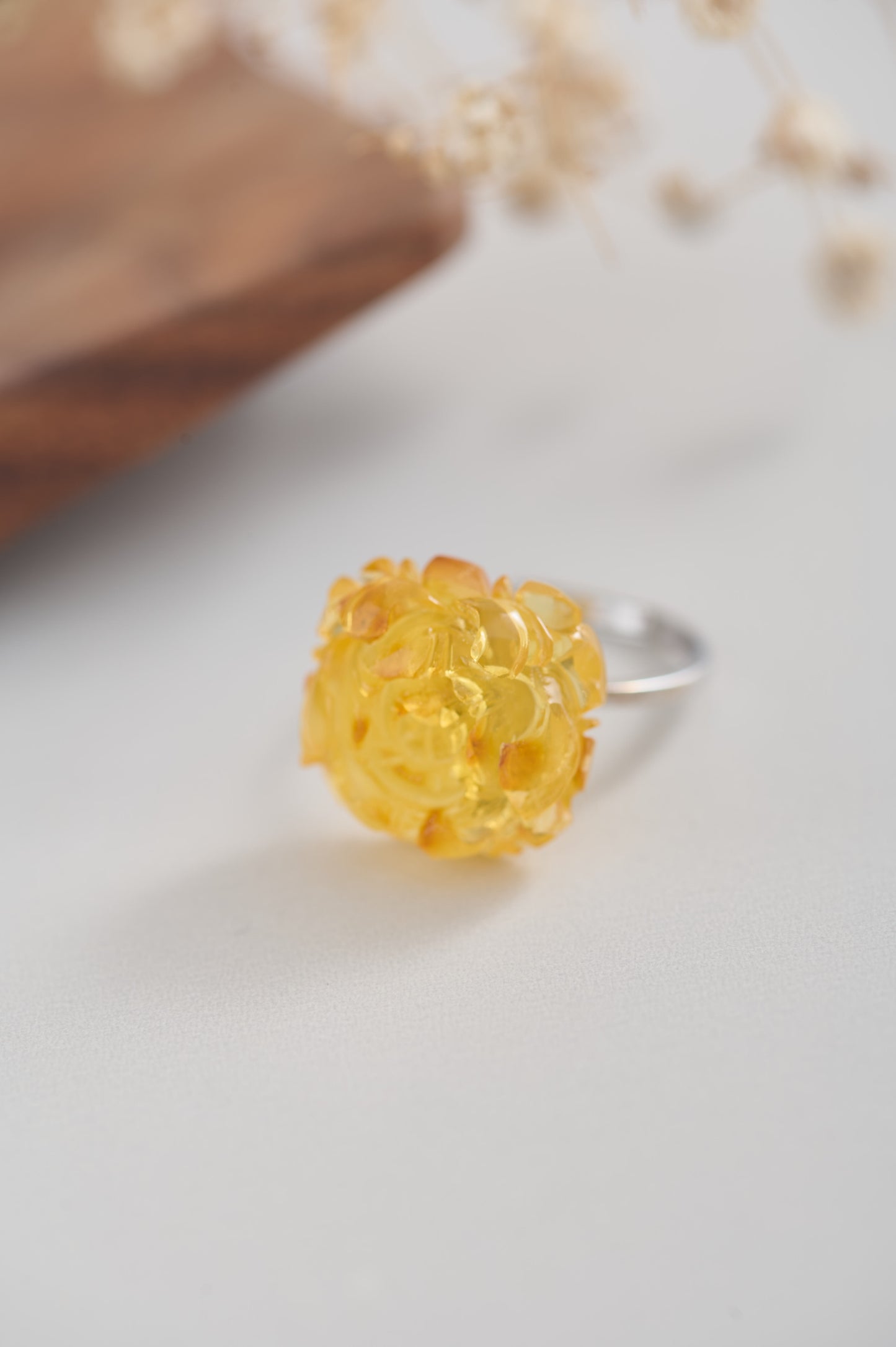 Natural Amber Flower Carved Ring – Wealth & Blessing Adjustable Ring – Handmade Resinous Amber Jewelry for Women