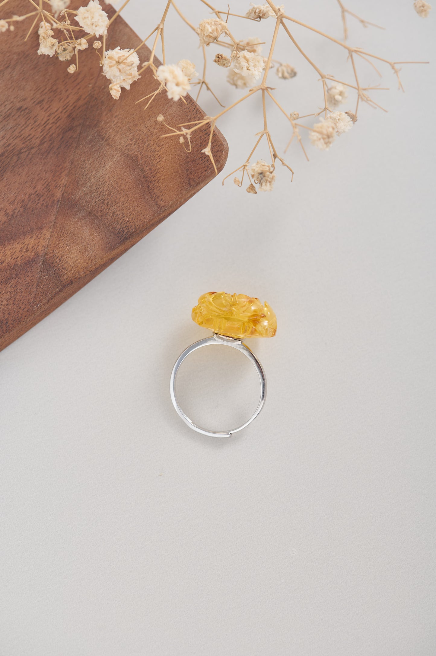 Natural Amber Flower Carved Ring – Wealth & Blessing Adjustable Ring – Handmade Resinous Amber Jewelry for Women