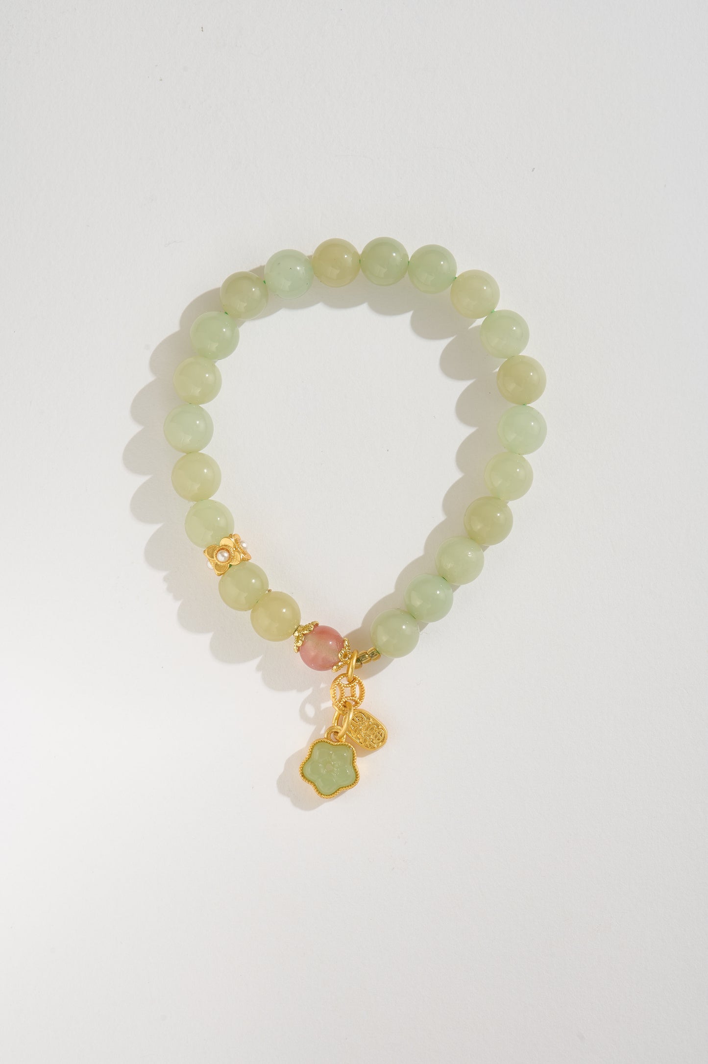 Premium Natural Hetian Jade Bracelet with Icy Southern Red Agate & Gold Clover Charm | Handmade High-Grade Jade Beaded Jewelry